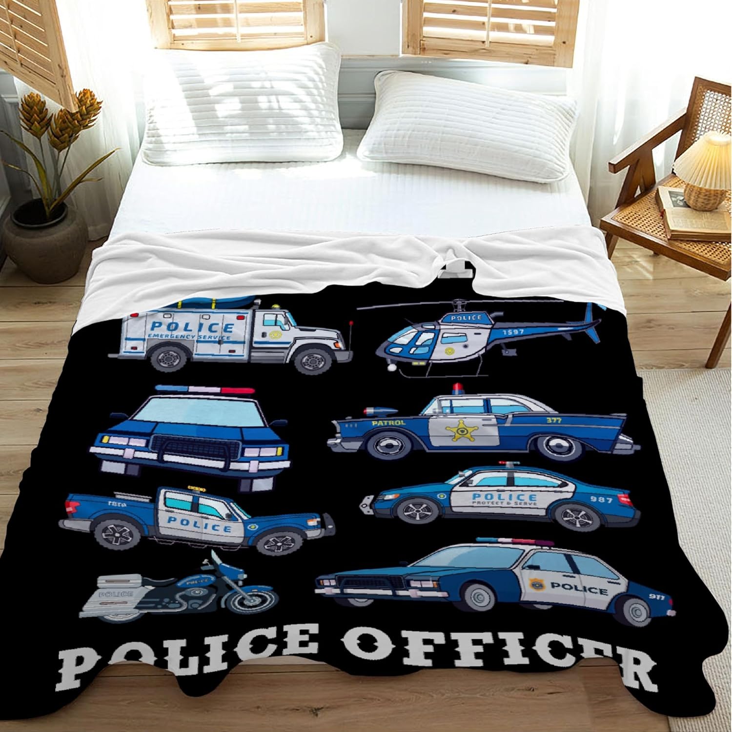 Police Car Blanket for Boys Kids Police Car Lovers Soft Plush Warm Cartoon Car Blanket for Couch Bed Sofa Decor Birthday Police Blanket Police Gifts 50"x60"-M