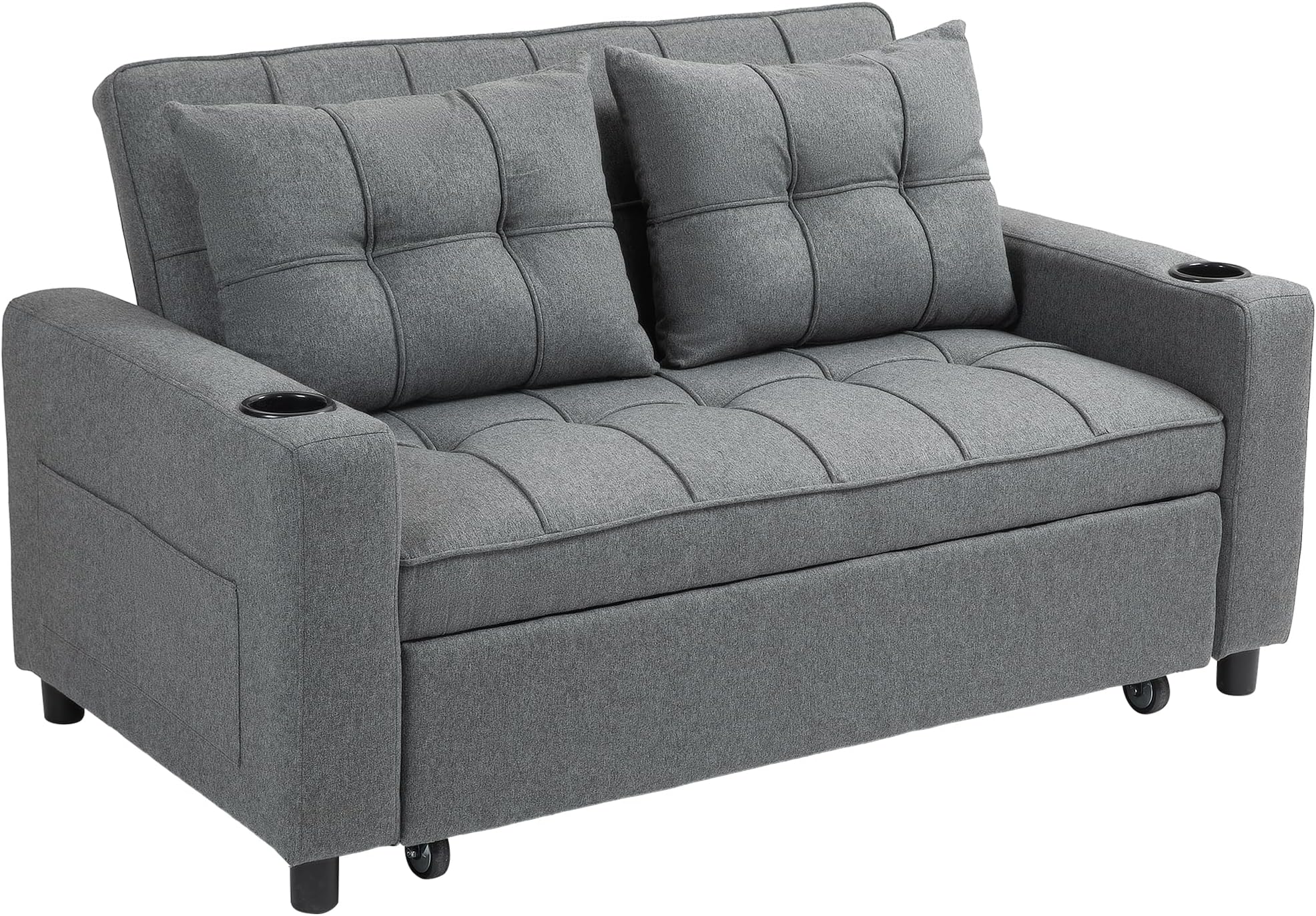 HOMCOM 3-in-1 2 Seater Sofa Bed, Convertible Sleeper Sofa with Adjustable Backrest, Fabric Pull Out Loveseat Bed with 2 Pillows, Side Pockets and Cup Holders for Living Room, Bedroom, Dark Grey