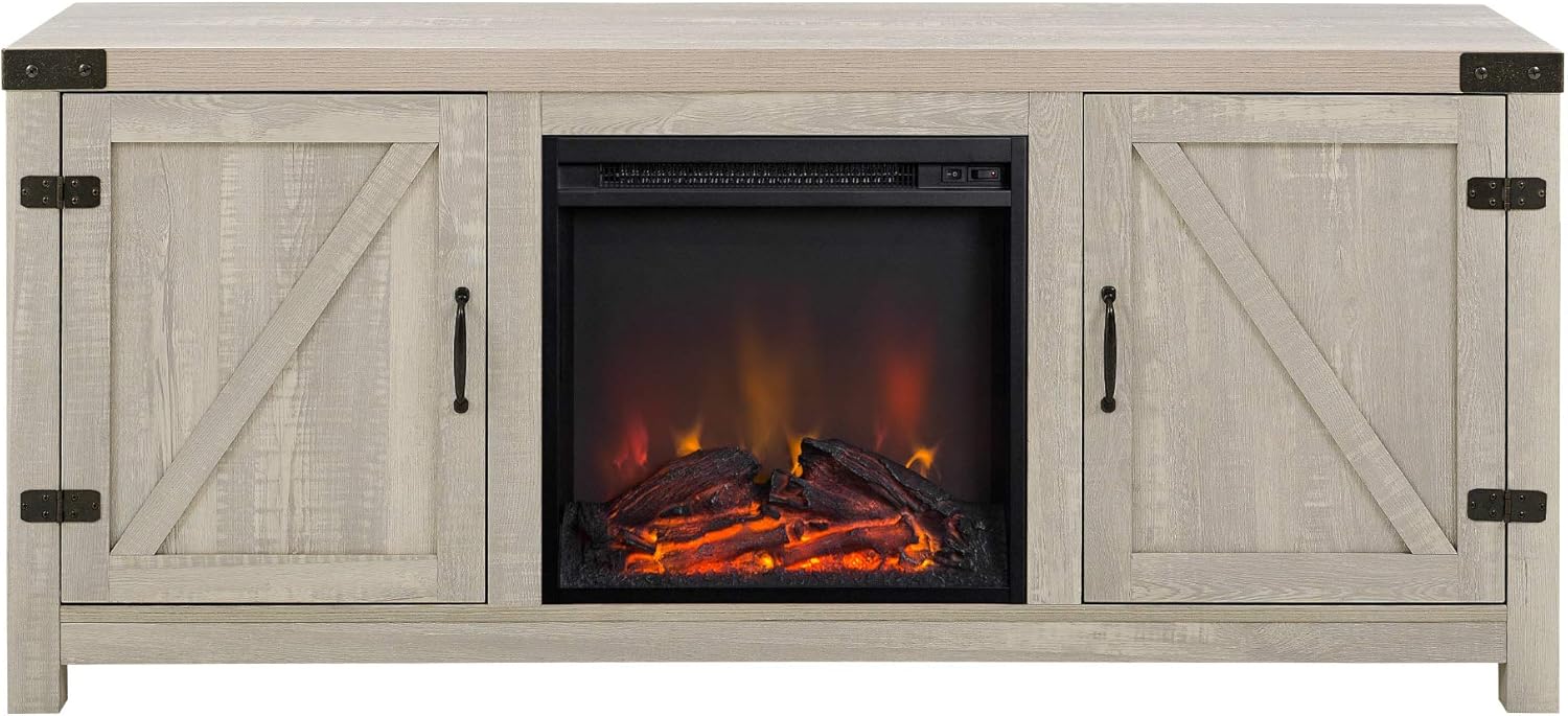 Walker Edison Georgetown Modern Farmhouse Double Barn Door Fireplace TV Stand for TVs up to 65 Inches, 58 Inch, Stone Grey