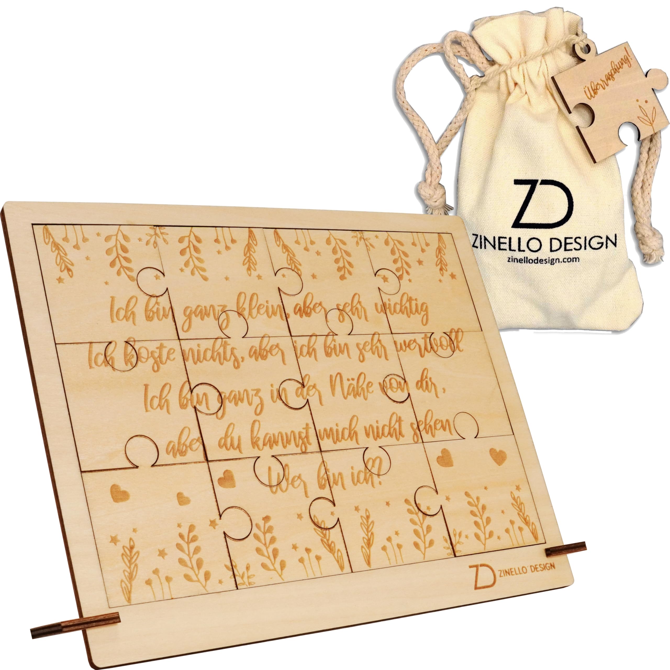 ZINELLO DESIGN - Wooden Puzzle Pregnancy Announcement for Your Loved Ones | Original Puzzle Idea, Personal Gift for Future Dads, Grandmas, Grandpas, Godparents | Baby Birth Message (with Frame)