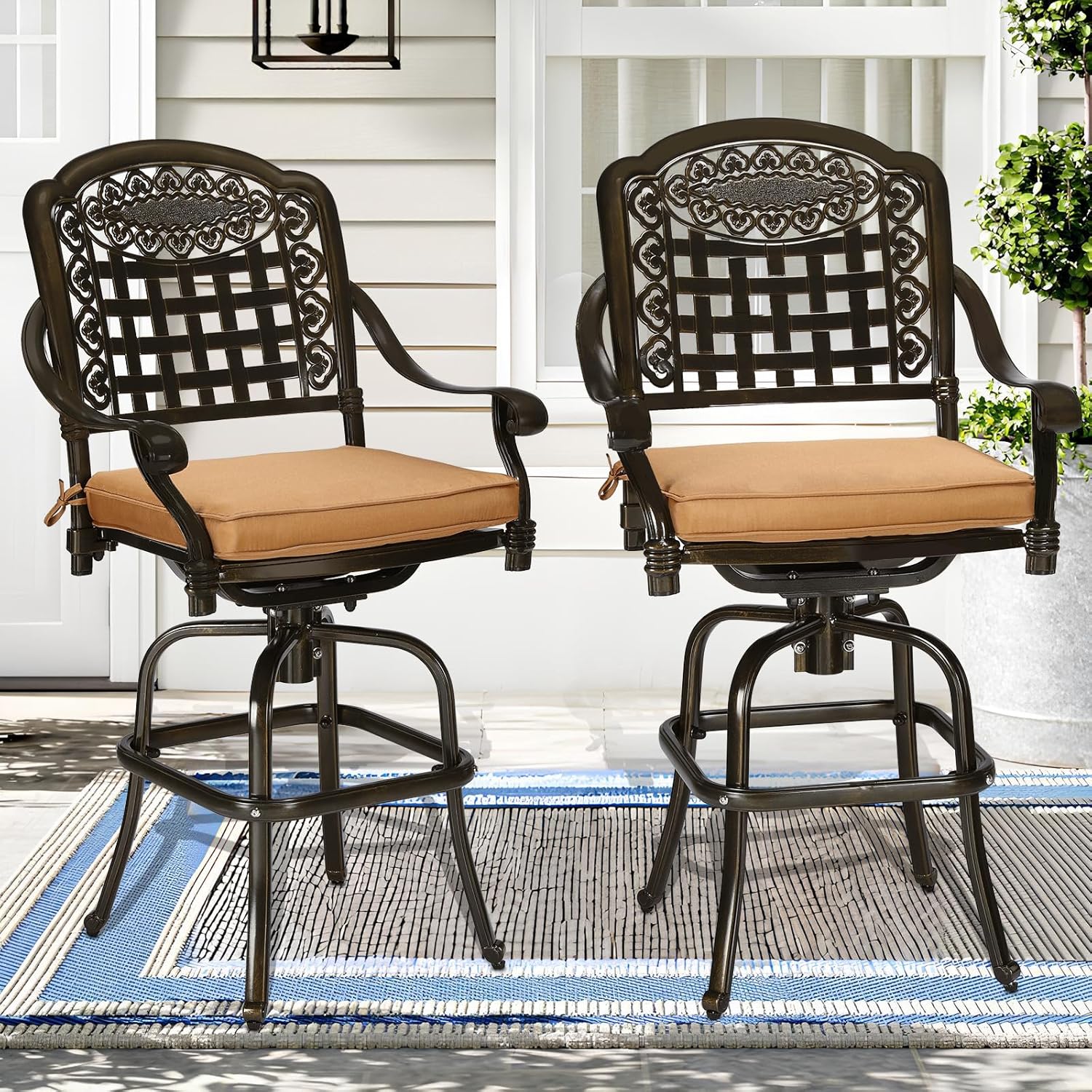 Outdoor Swivel Bar Stools Set of 2, All Weather Cast Aluminum Patio Bar Height Patio Bistro Chairs with High Back, Cushion, Outdoor High Top Dining Bar Stools for Backyard, Garden, Balcony