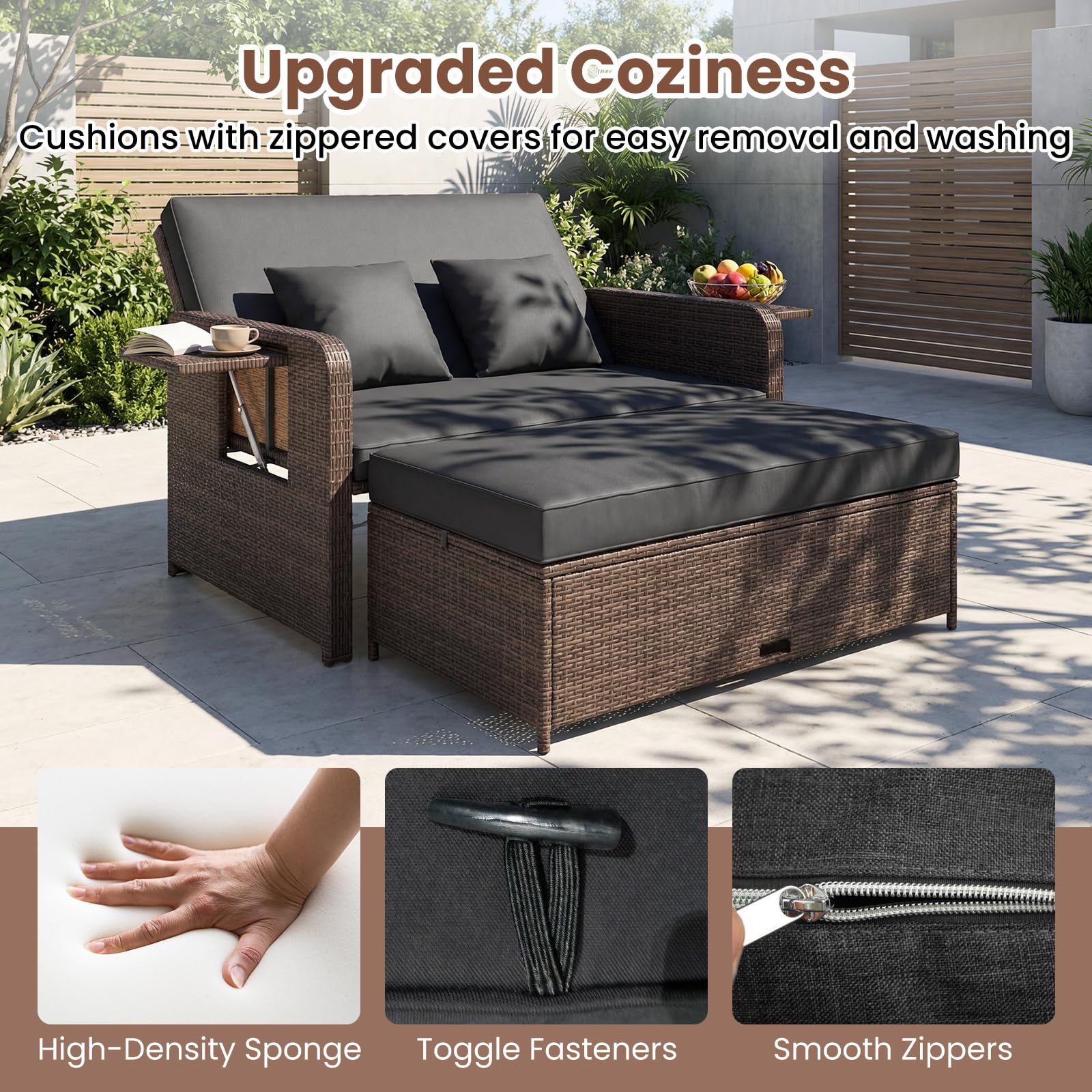 GIANTEX Sofá de Jardín 2 Plazas con Taburete Reposapiés, Muebles Ratán 2 Piezas con Cojines, Mesas Plegables, Respaldo Ajustable en 4 Niveles, Sofá Cama Exterior para Patio Terraza (Marrón+Negro) | Tres en un diseño