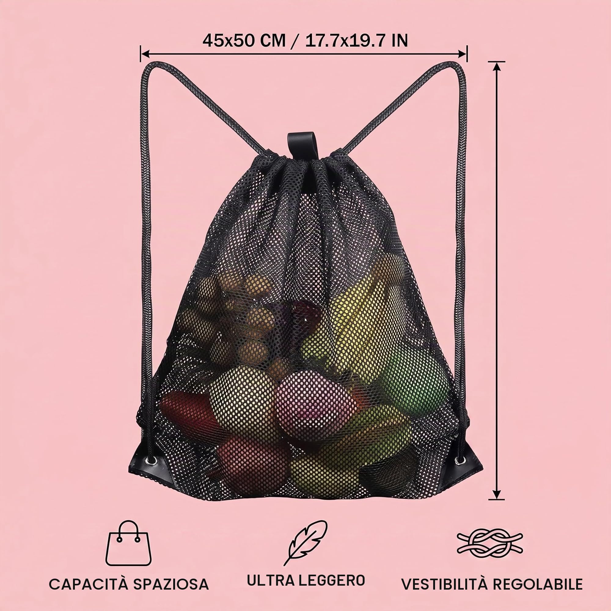 Sacca rete con cordino, zaino arena nuoto, borsa a maglie traspirante e capiente per sport, spiaggia, viaggi, adatto a nuoto, calcio, palestra