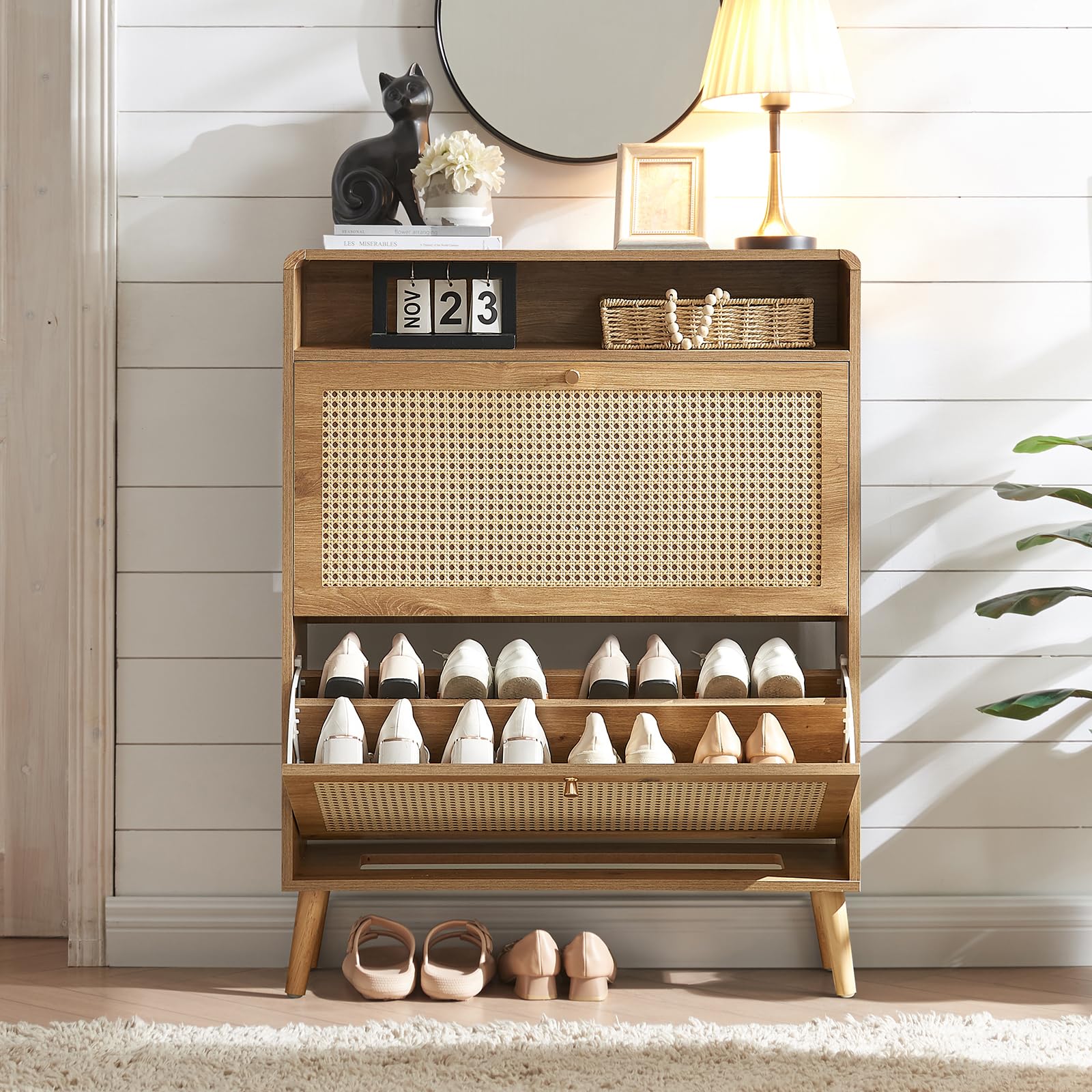 Shoe Storage Cabinet with 2 Flip Drawer Natural Rattan Shoe Cabinet Organizer Freestanding Wooden Shoe Rack Storage Cabinet with Metal Legs for Entryway Hallway Bedroom Mudroom(Natural Wood)