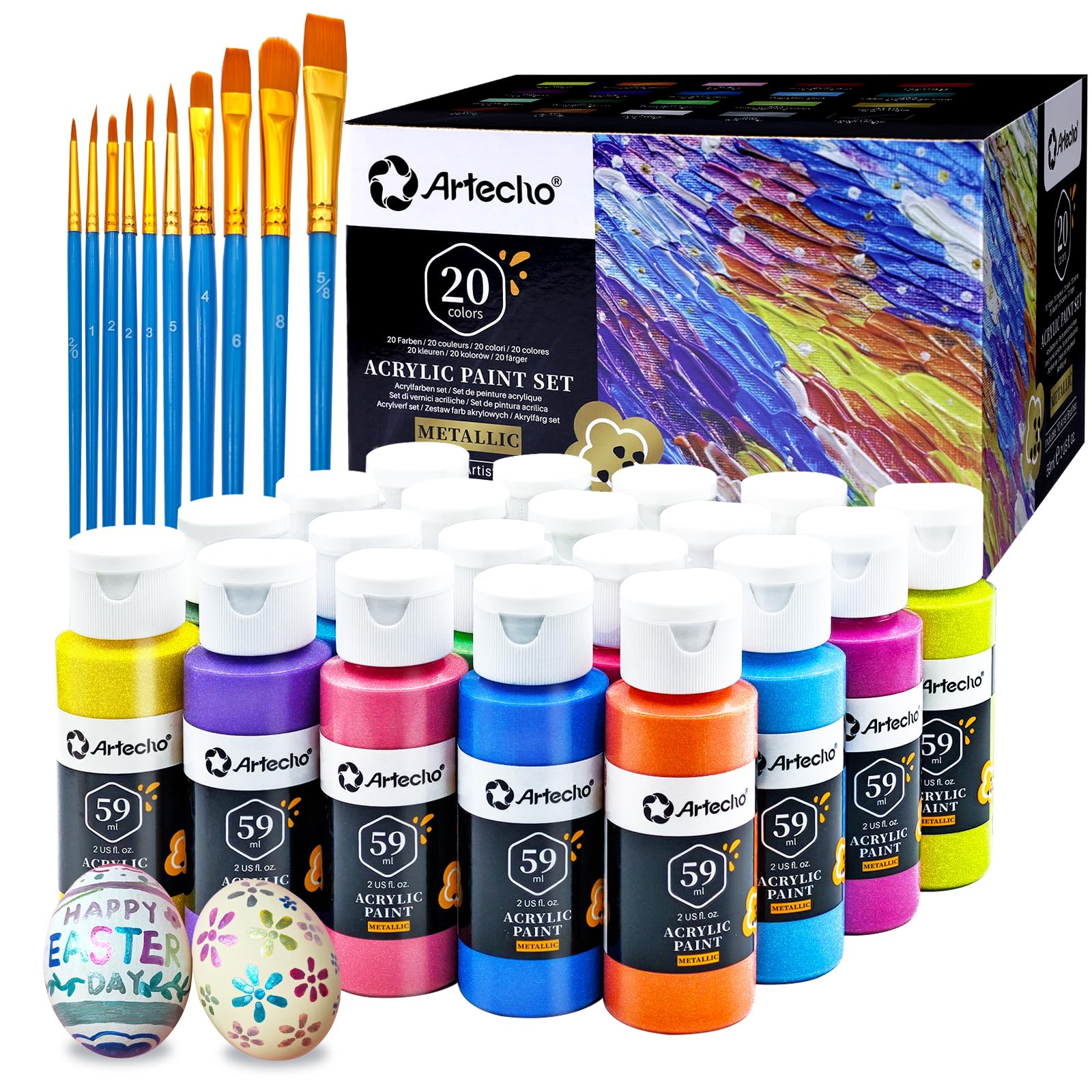 Artecho Colours + 10 Paint Brushs Metallic Acrylic Paints Set Colors 2 Ounce/59Ml With 10 Art Brushs, Non Toxic, Acrylic Paint Kit For Canvas, Crafts, Glass, Clay, Wood, Fabric, Leather&Rock Size 20
