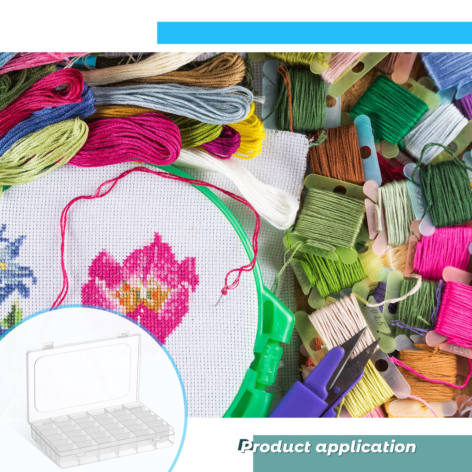 ATBUSS 156 stuks borduurgaren-organizerset, 1 opbergdoos met 24 rasters, 1 cijferlabel, 1 draadspoel, 150 spoelen, 3 naaigaren, kruissteekaccessoires, naaigereedschap