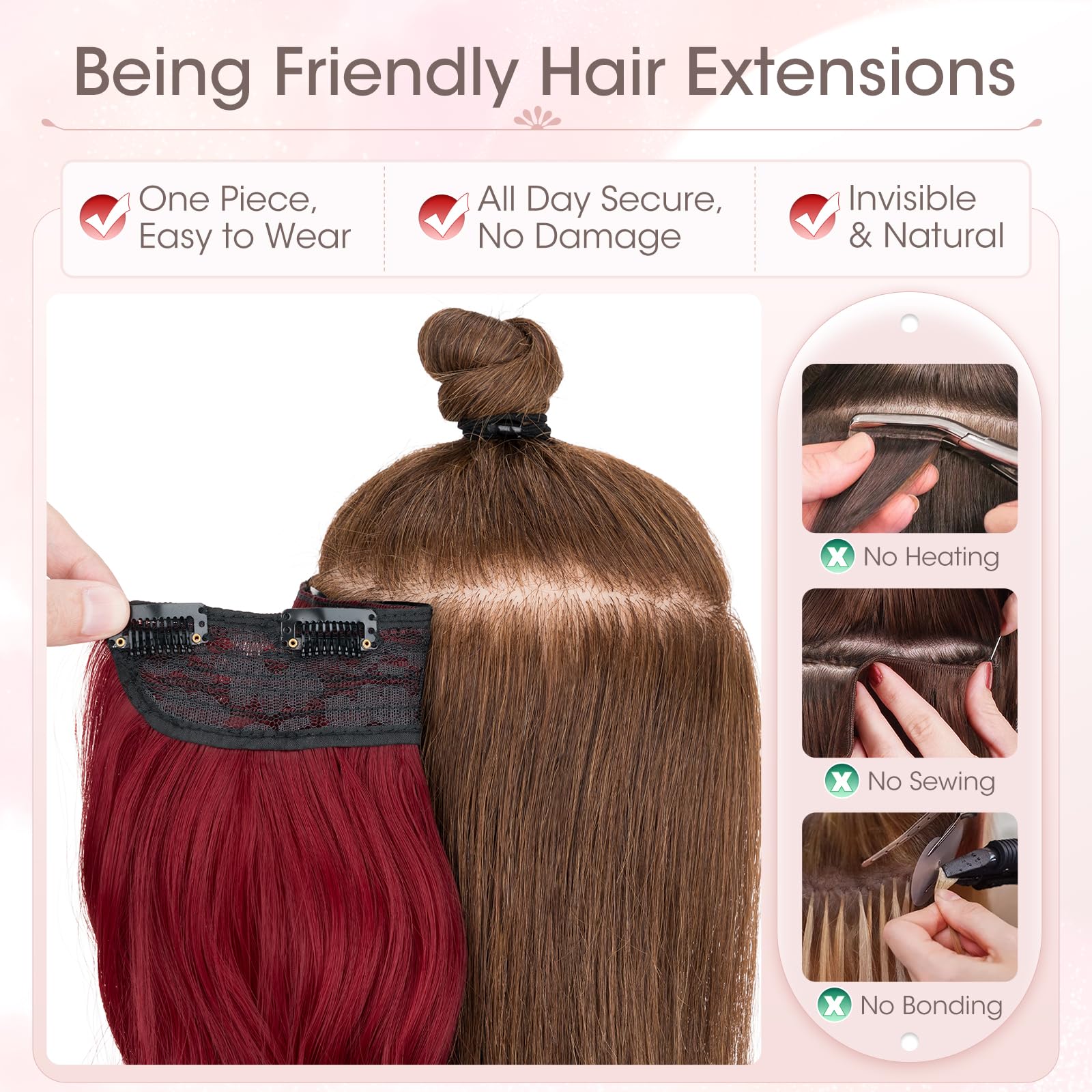 Silk-co One Piece Clip In Hair Extensions Curly 150g Hair Extensions Clip in Hairpieces 5 Clips Wavy Curly Synthetic 3/4 Half Full Head for Laides and Women 20 Inch(50 cm) Red - Image 2