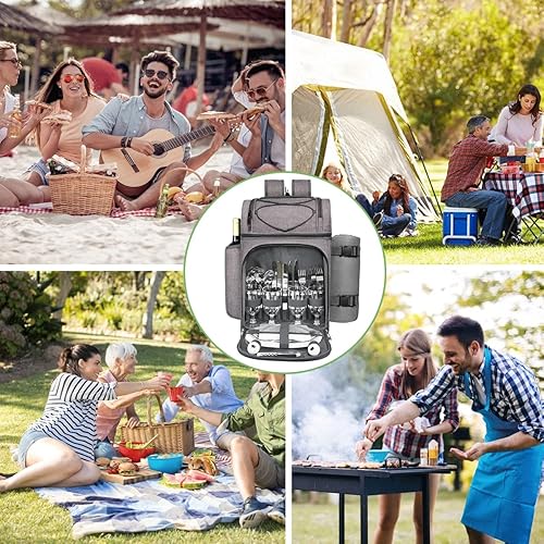 Miniatura 43 de Hap Tim Mochila de canasta de pícnic, soporte para vino, manta de forro de vellón y juego de cubiertos, perfecta para la playa, viajes de día, Gris