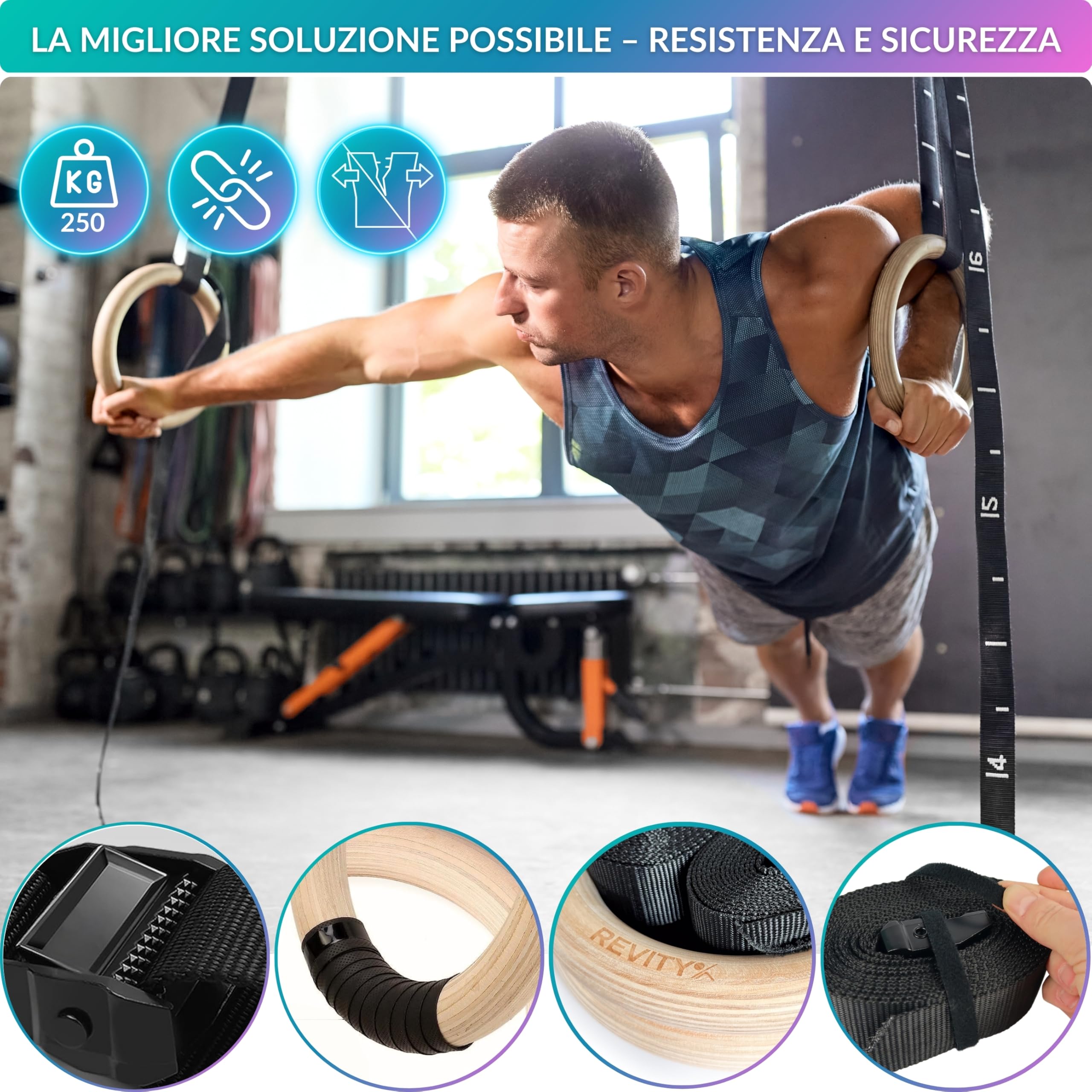 Anelli Calisthenics 32 mm - Anelli Ginnastica Legno per Crossfit e Palestra in Casa, Cinghie 450 x 3,8 cm con Marcature, Carico Massimo 250 kg, Nastri di Grip per Anello, Guida PDF