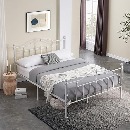 Miniatura 4 de VECELO Base de cama de tamaño matrimonial con plataforma mental, base de colchón con cabecero de soporte de listones de acero, no necesita somier,