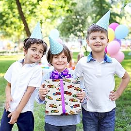 ZINTBIAL Race Car Wrapping Paper for Kids Birthday - Flames, Checkered Flags, Colorful Racing Cars and Happy Birthday Words Designs - 20 x 29 Inches, 8 Folded Sheets, Easy to Store