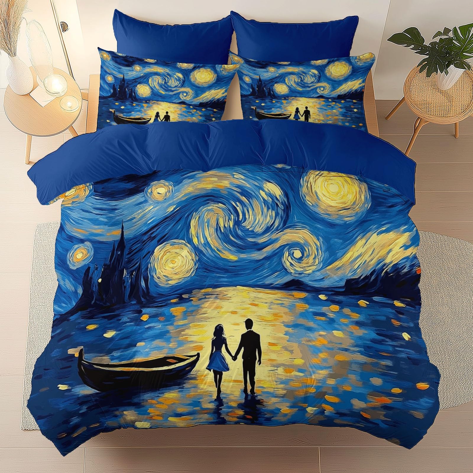 Sen Styl Gwiaździsta noc Van Gogha Para Kołdra z nadrukiem, 220 x 240 cm Pościel, Niebieski Zestaw poszewek na kołdrę z miękkiej mikrofibry, można prać w pralce, dla dorosłych i dzieci
