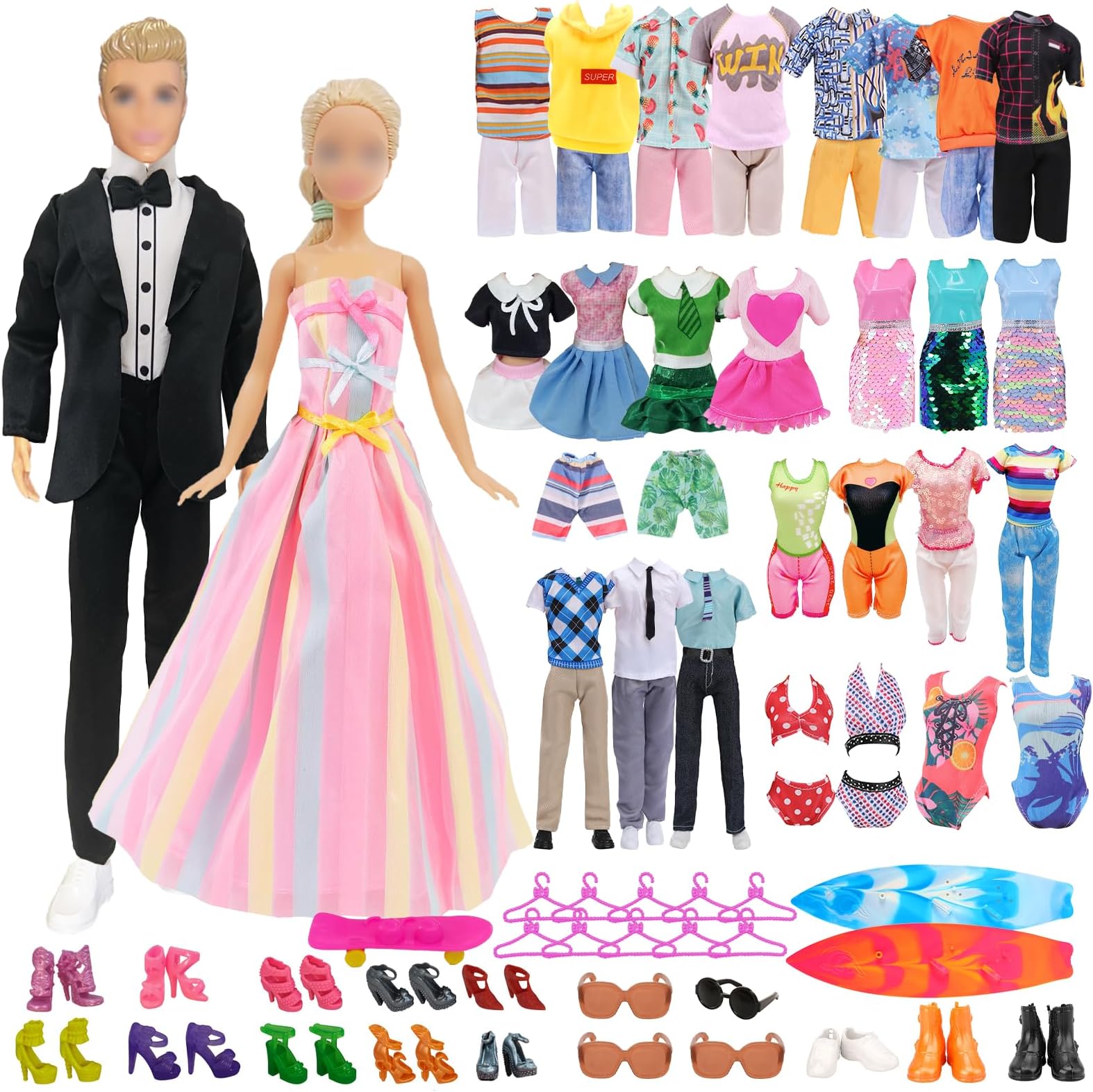 WanderGo 62 Pcs Doll Clothes & Accessories for 11.5" Ken & Barbie Dolls, Including Suit, Gown, Girls & Boys Tops, Pants & 42 Accessories