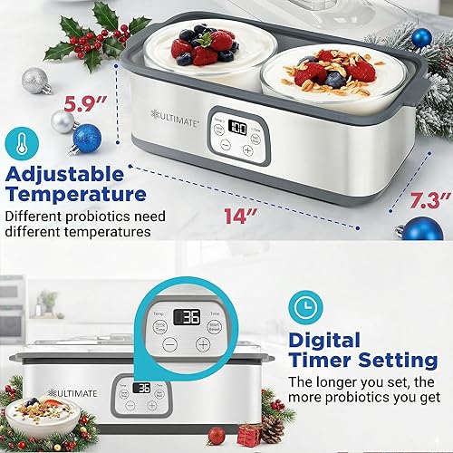 Miniatura 2 de Ultimate Máquina de yogur probiótico con control de tiempo y temperatura ajustable, prepara billones de probióticos vivos con dos recipientes de 1