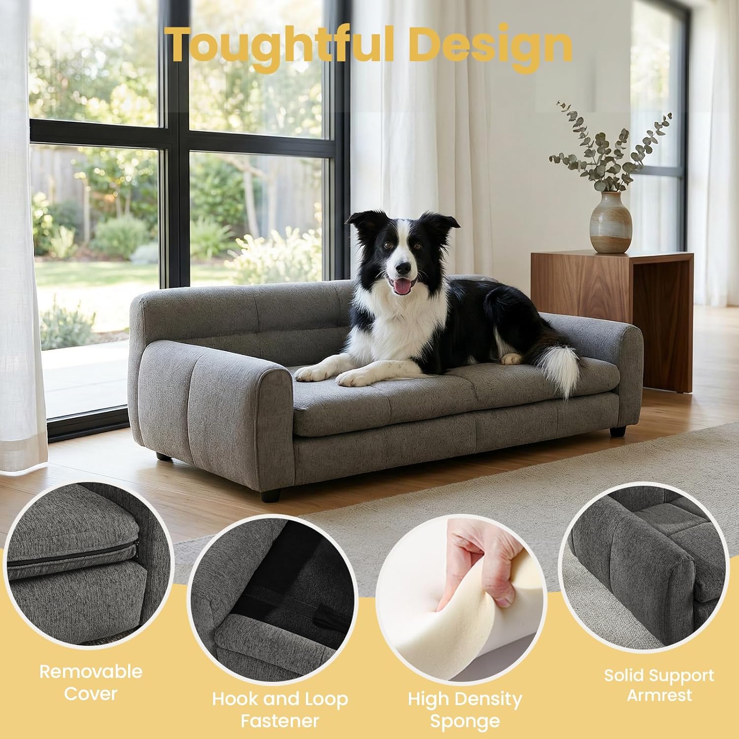 51" XL Dog Bed Couch, Elevated Large Dog Sofa with Backrest and Armrests, Soft Memory Foam Extra Large Pet Bed with Removable Cushion, Durable Linen Pet Couch Furniture, Dark Gray