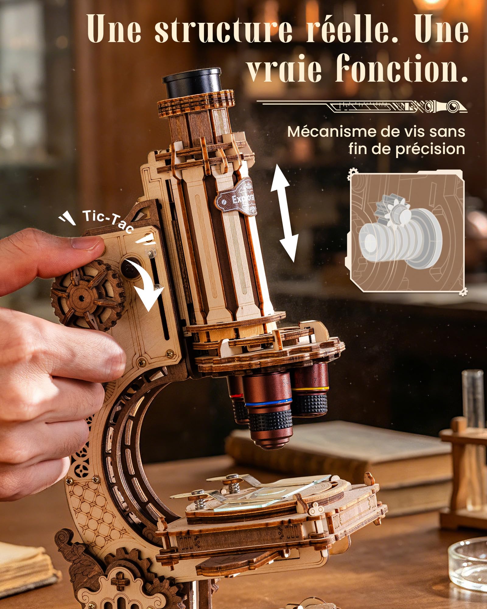 ROBOTIME ST005 Microscope Fonctionnel à Construire pour Adultes, Puzzle 3D en Bois 260 Pièces avec Grossissements 40x/100x/400x, Mise au Point et Éclairage LED, Dès 14 Ans