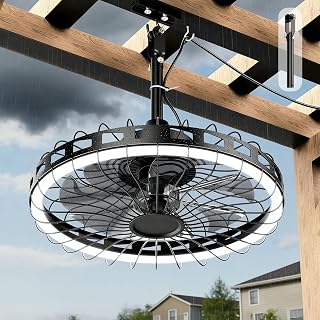 20" IP65 Waterproof Outdoor Ceiling Fan with Light, Plug-in Caged Hanging Fan, 3CCT Dimmable & 6-Speed Adjustment for Patio Porch Pergola Gazebo
