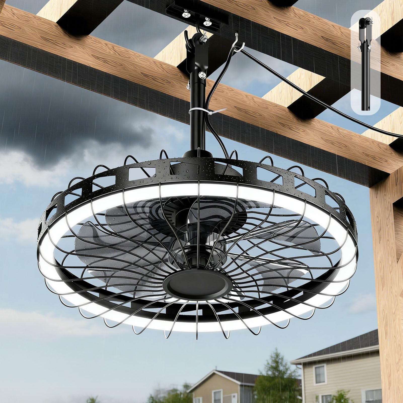 20" IP65 Waterproof Outdoor Ceiling Fan with Light, Plug-in Caged Hanging Fan, 3CCT Dimmable & 6-Speed Adjustment for Patio Porch Pergola Gazebo - 1