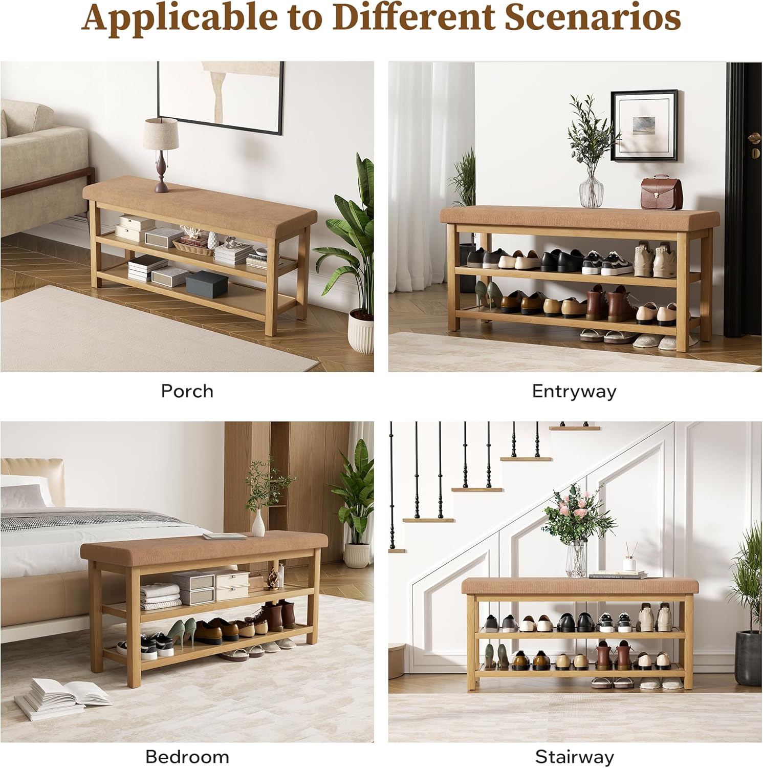 2 Tier Shoe Rack Bench with Cushion, Rubberwood Shoe Benches, Mid-Century Modern Shoe Storage Bench for Entryway, Hallway, Living Room, Closet, Front Door Entrance, Dark Brown