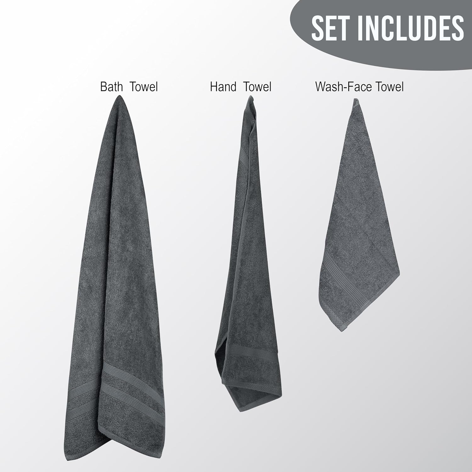 Organix 8 Piece Towel Set, 2 Bath Towels, 2 Hand Towels, 4 WashCloths, Lightweight Cotton Towels for Bathroom, Soft Absorbent and Quick Dry (Dark Grey)