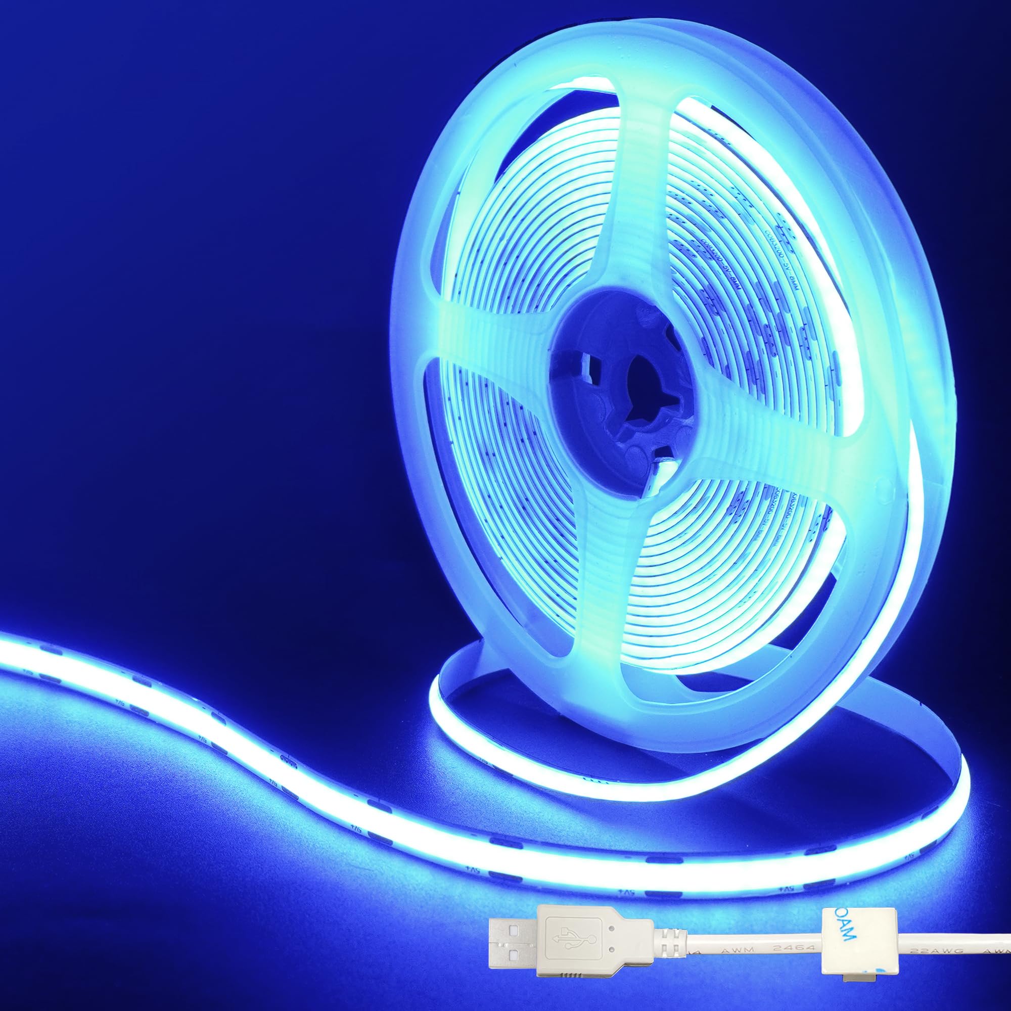 Clearhill 5V USB COB LED Strip Lights,16.4FT/5M,Blue,320LEDs/M,8mm Width,Not Waterproof IP20,1M USB Cable,Flexible LED Tape Light for DIY Home Indoor Decoration
