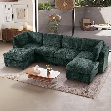 128" Modular Sectional Sofa 6 Seat Oversized Sectional Sofa Sleeper Modular with Chaise and Ottoman Living Room Set, U, L Shaped Couch Bed with Storage Cloud Couch Green Textured