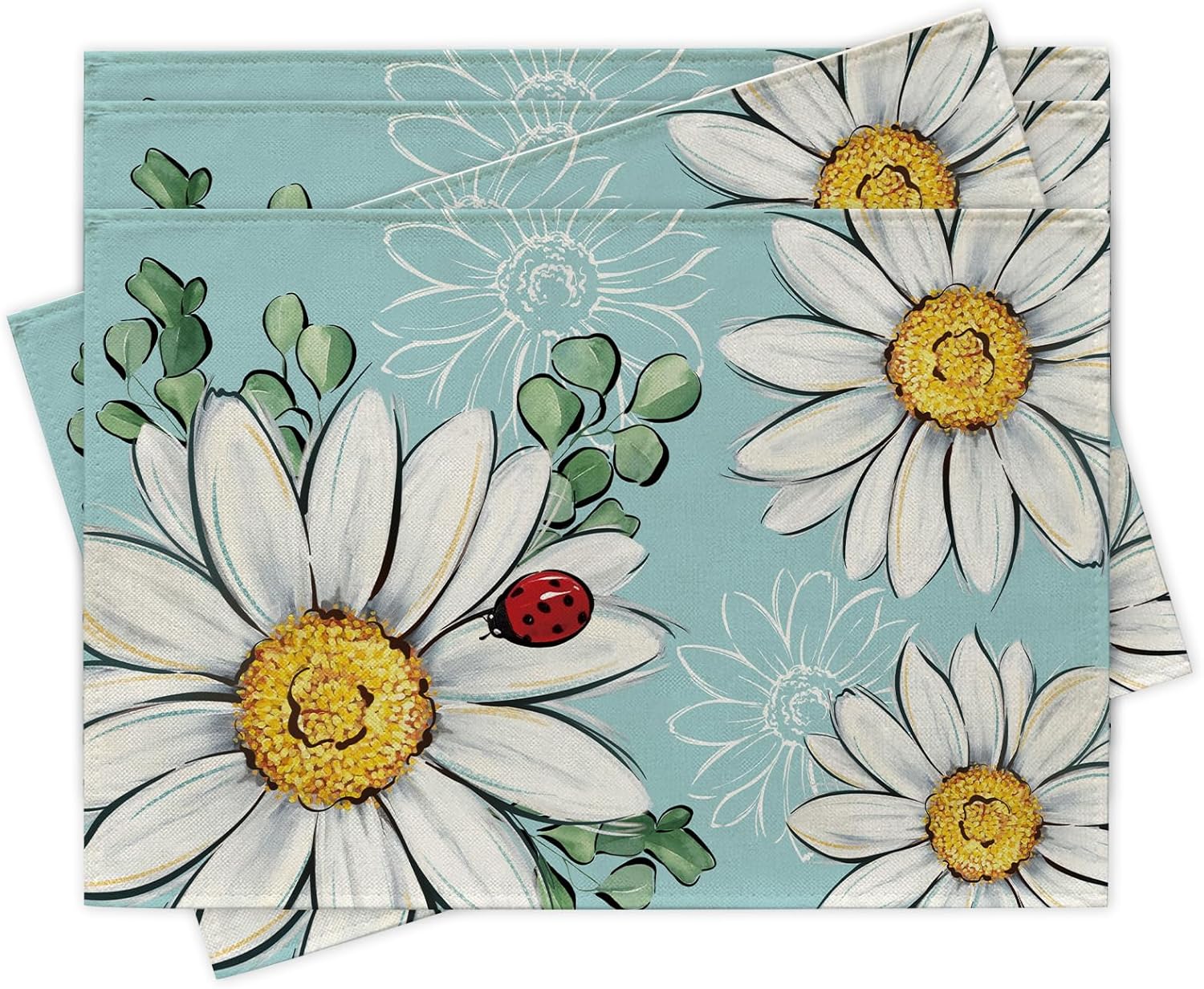 Spring Summer Daisy Flower Placemats Set of 4, Floral Eucalyptus Leaves Blue Din…