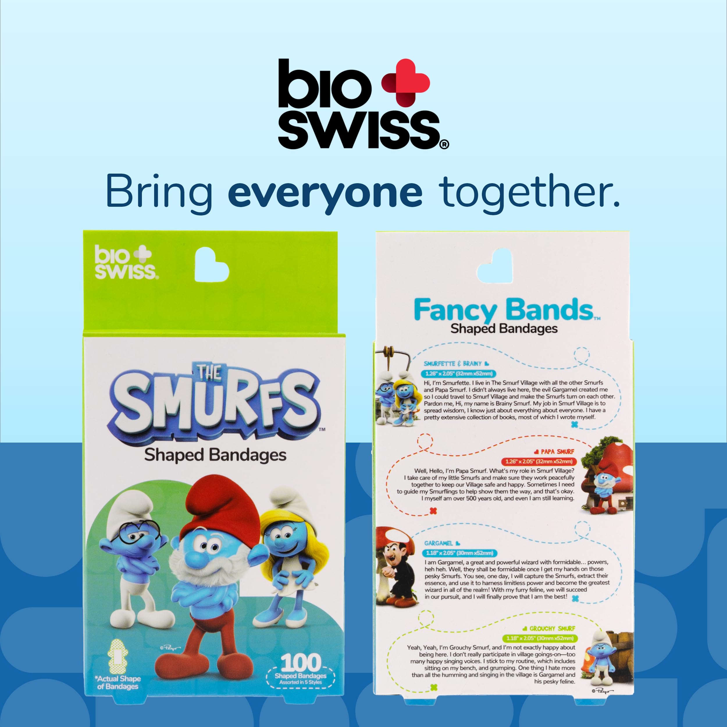 BioSwiss Bendaggi autoadesivi a forma di puffo, sterili, senza lattice, divertenti pronto soccorso per bambini e adulti, confezione da 100 pezzi