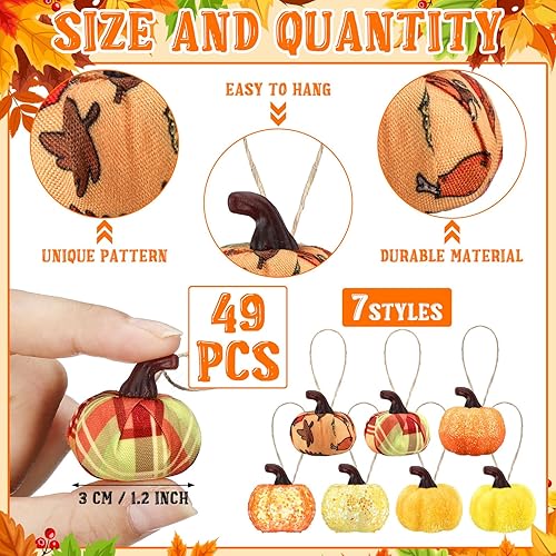 Miniatura 2 de Leinuosen 49 adornos colgantes de calabaza de otoño para árbol, adornos de Acción de Gracias, tela de otoño, calabaza para cosecha de granja, Acción