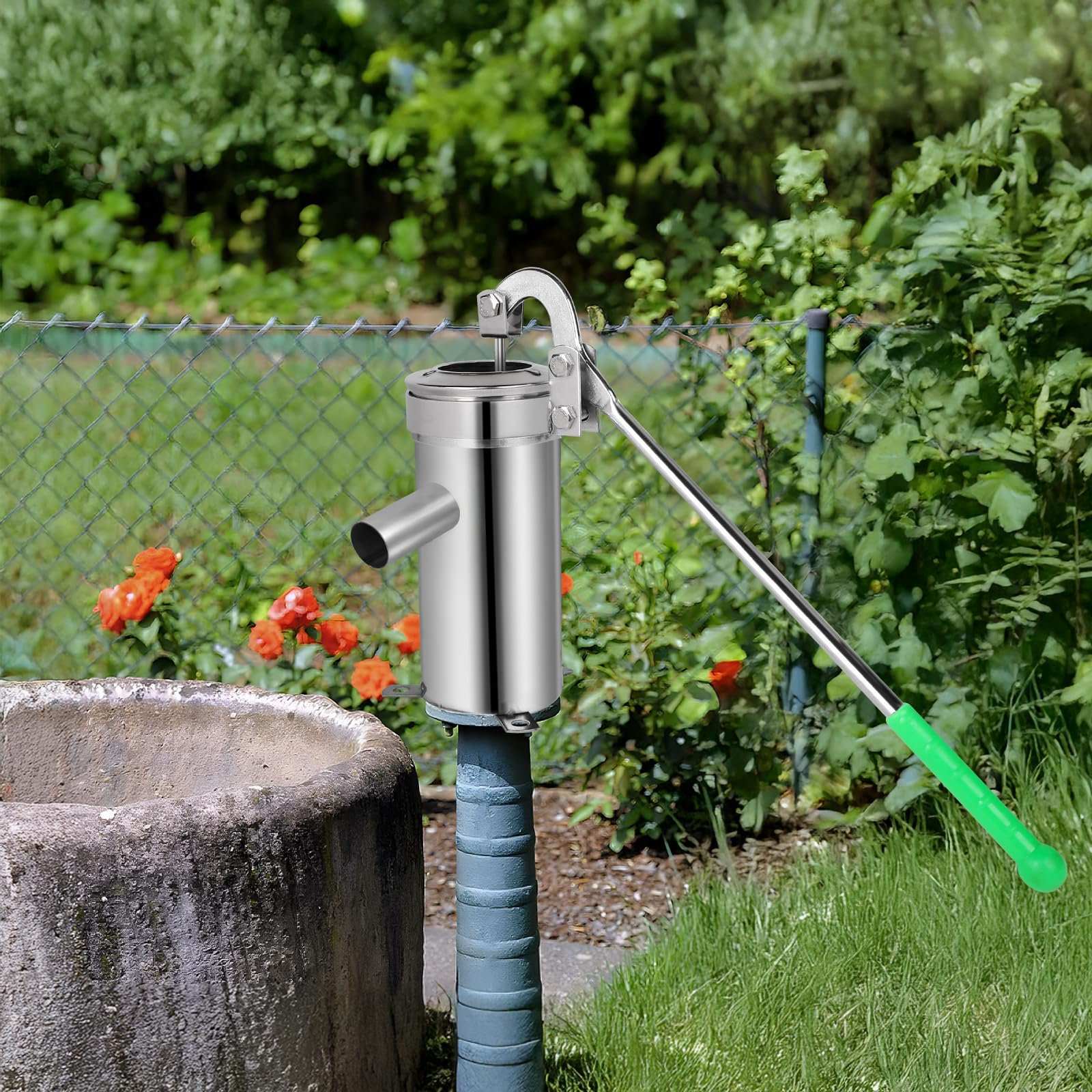 DBREAKS Pompa manuale per acqua in acciaio inossidabile, pompa da giardino per pozzi fino a 10 m di profondità, per case, giardini domestici, cortili, stagni - 3