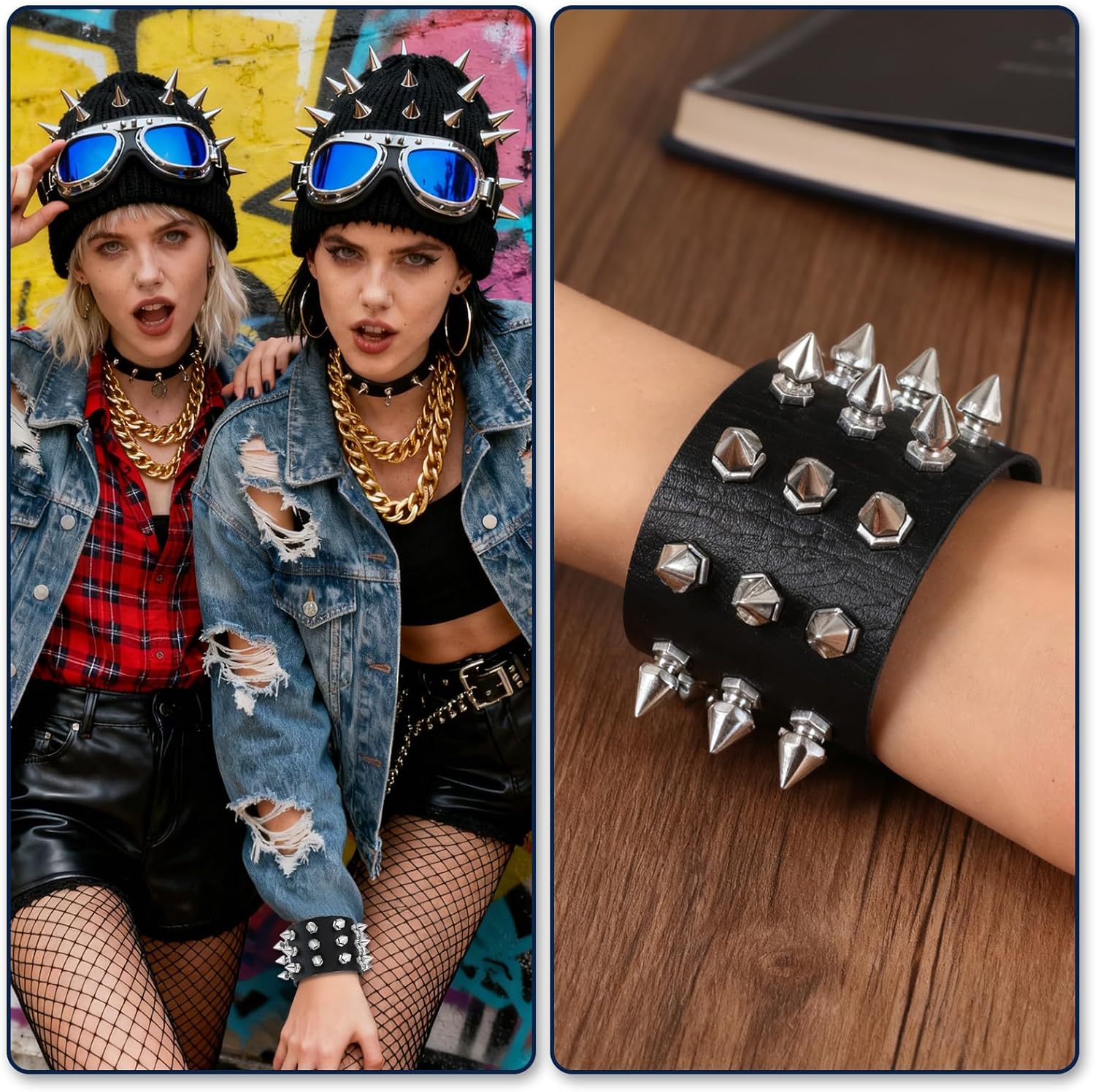 2 Pcs Studded Bracelet Gothic Punk Rock Spiked Bracelets Exaggerated Black Leather Rivet Wristband Adjustable Wrap Wide Strap Button Metal Wristband for Halloween Party Decor Men Women - Image 7