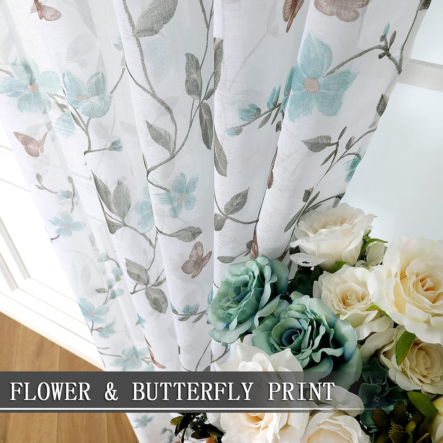 Tollpiz Sheer Floral Curtains Blue Flower Butterfly Printed Living Room Curtain Rod Pocket Voile Faux Linen Window Curtains for Bedroom, 54 x 72 inches Long, Set of 2 Panels