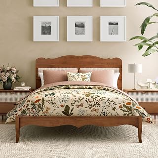 Sophia & William Queen Bed Frame with Headboard, Solid Wood Bedframe | Queen Size Wooden Bed Frames with Adjustable Rattan Headboard, Platform Bed Frame, Vintage Wood Bed Frame No Box Spring