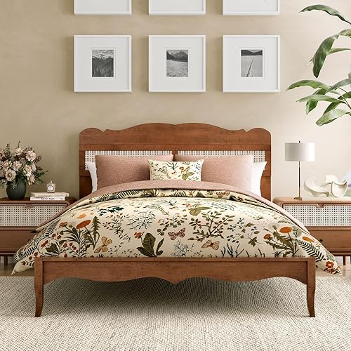 Sophia & William Queen Size Bed Frame, Wood Bed Frame with Hand-Woven Rattan Headboard, Solid Wood Slats Support, Brown