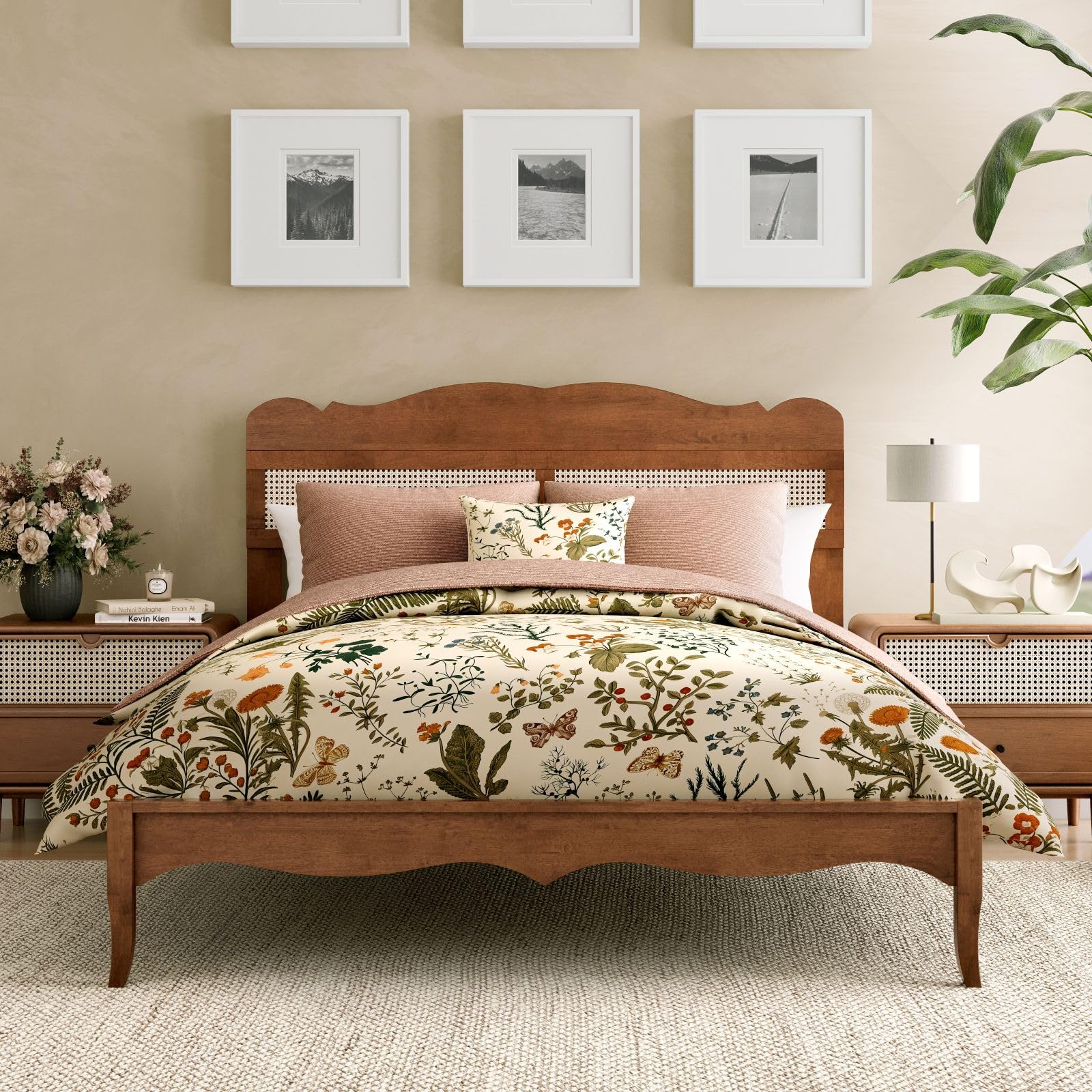 Sophia and William Queen Bed Frame with Rattan Headboard