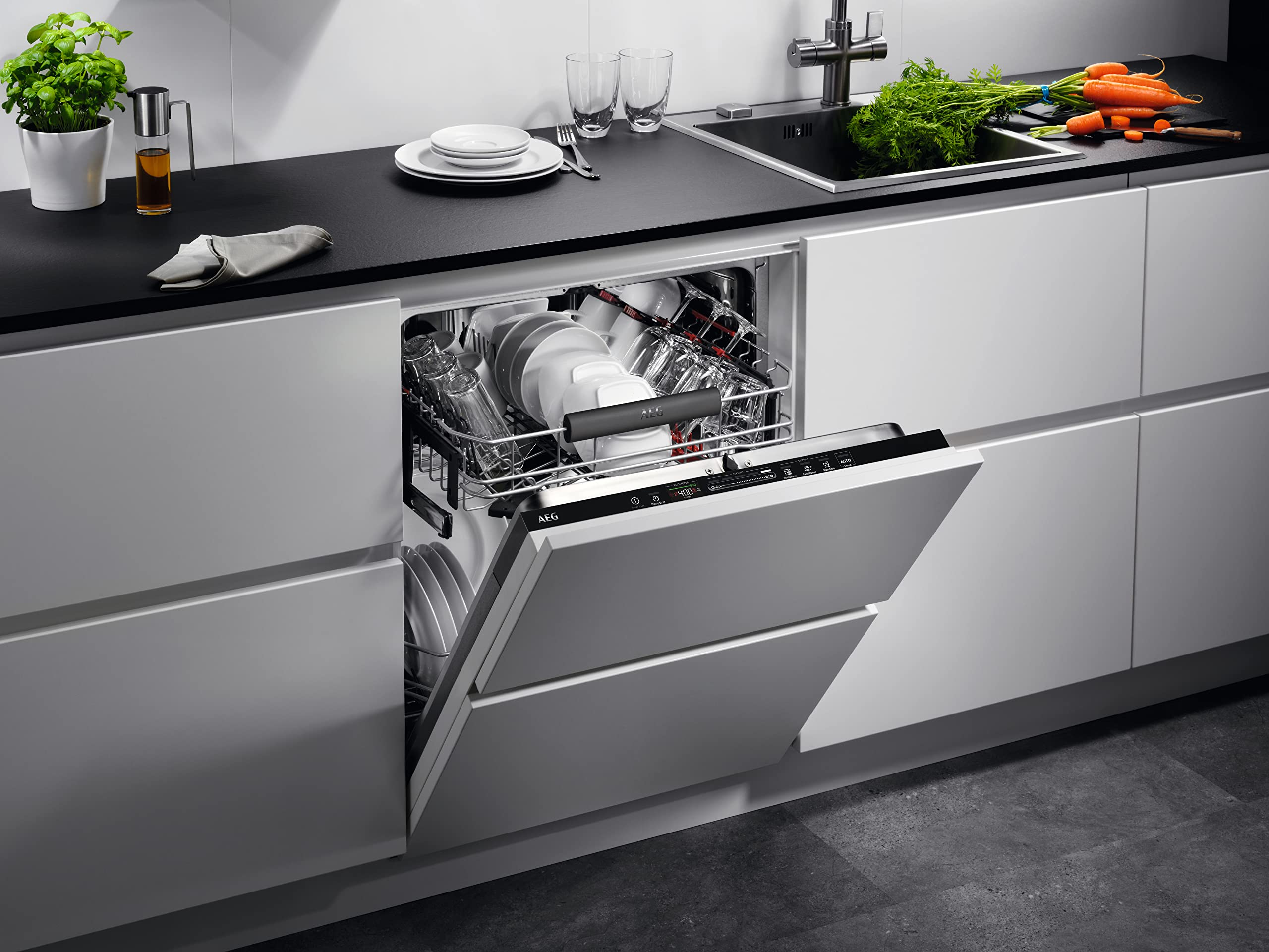 AEG FSB53627P Vollintegrierter-Geschirrspüler / 60cm / AirDry - perfekte Trocknungsergebnisse/D/energiesparend/Besteckkorb/QuickSelect Display/Beladungserkennung/Startzeitvorwahl