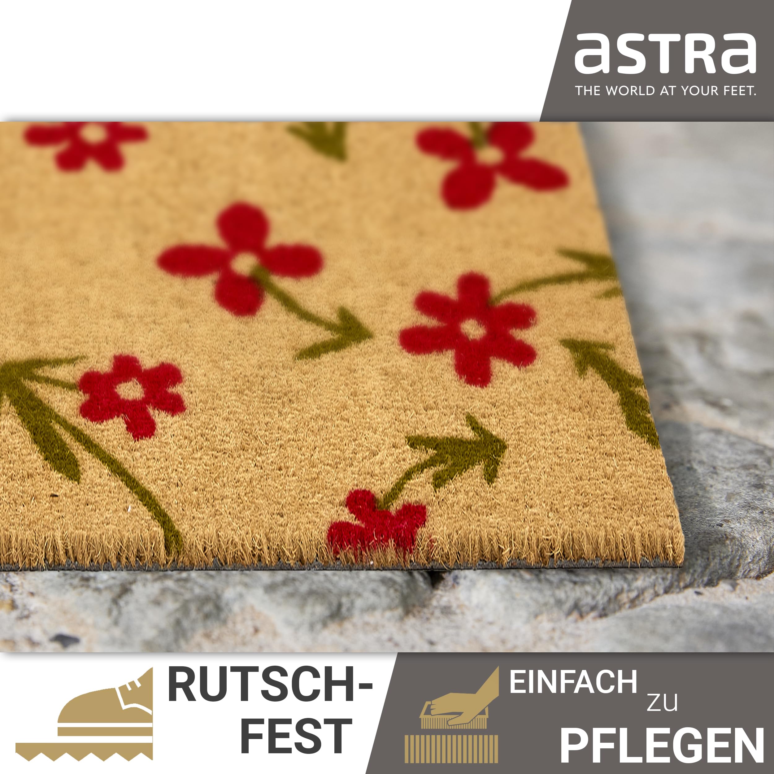 Astra Zerbino esterno con Fiori rossi in cocco 50 x 150 cm naturale -16 mm Zerbino in cocco per esterni e interni - Tappetino antisporco antiscivolo