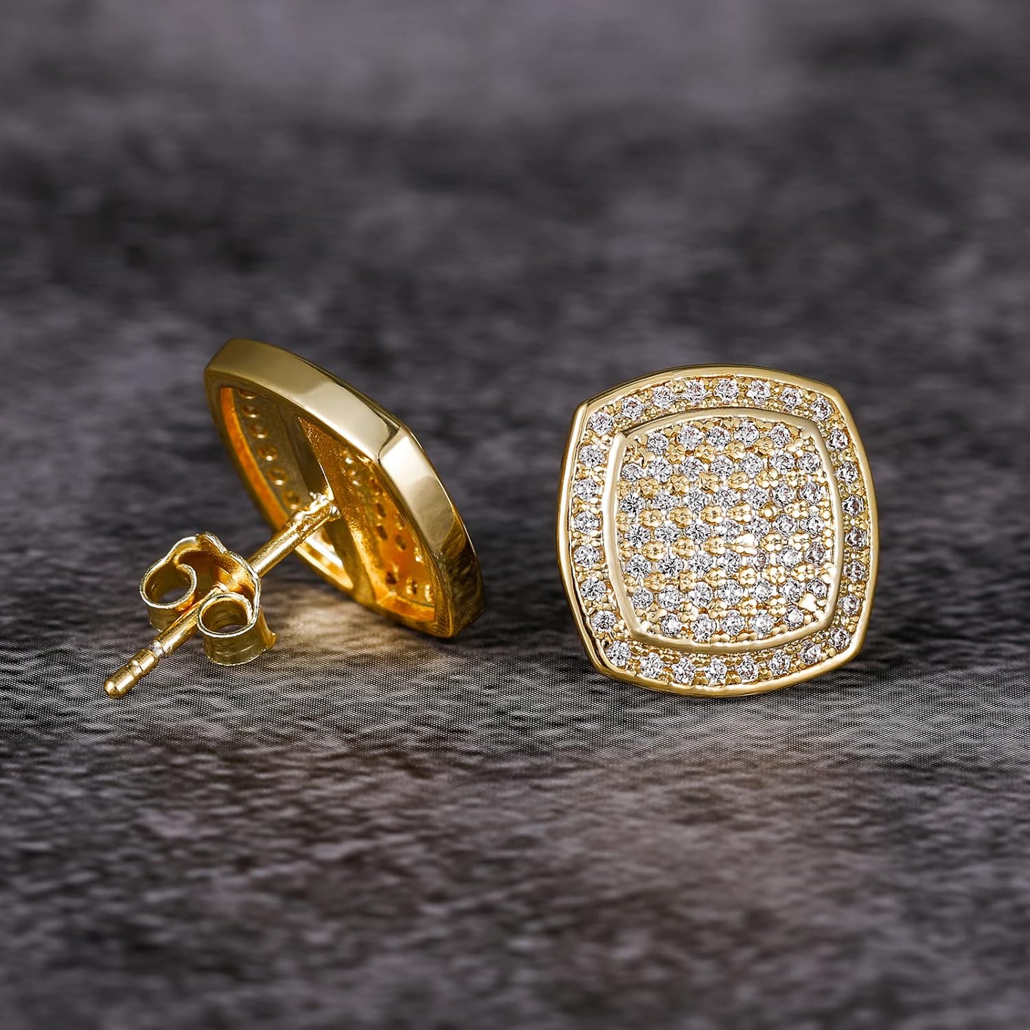 TRUMIUM Stud Earrings for Men Women Fake Diamond 5A Cubic Zirconia Studs Layered Silver Gold Earrings Iced Out Square Hypoallergenic - Image 3