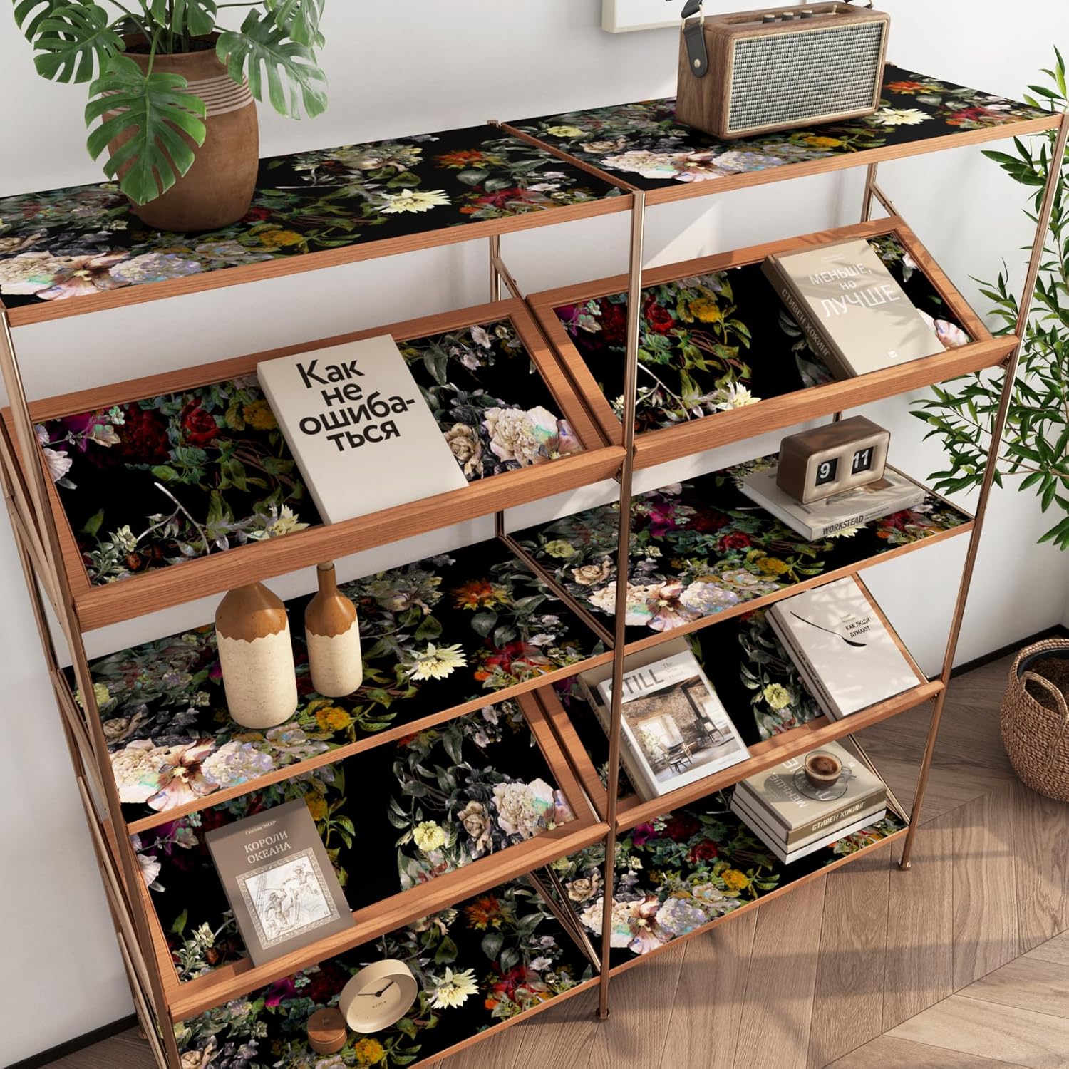 FunStick 17.5"x354" Black Floral Peel and Stick Wallpaper Vintage Pink Wildflower Dark Floral Wallpaper for Bedroom Walls Self Adhesive Vinyl Green Leaves Contact Paper for Kitchen Cabinet Wall Paper