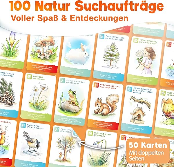 MUTKIND® 50x Entdeckerkarten für Kinder (ALLE 4 Jahreszeiten) - Spannendes Suchspiel zum Natur entdecken - 100 Aufgaben - Outdoor Spiele für Kinder - Geschenk Junge und Mädchen ab 4, 5, 6, 7, 8 Jahre - 3