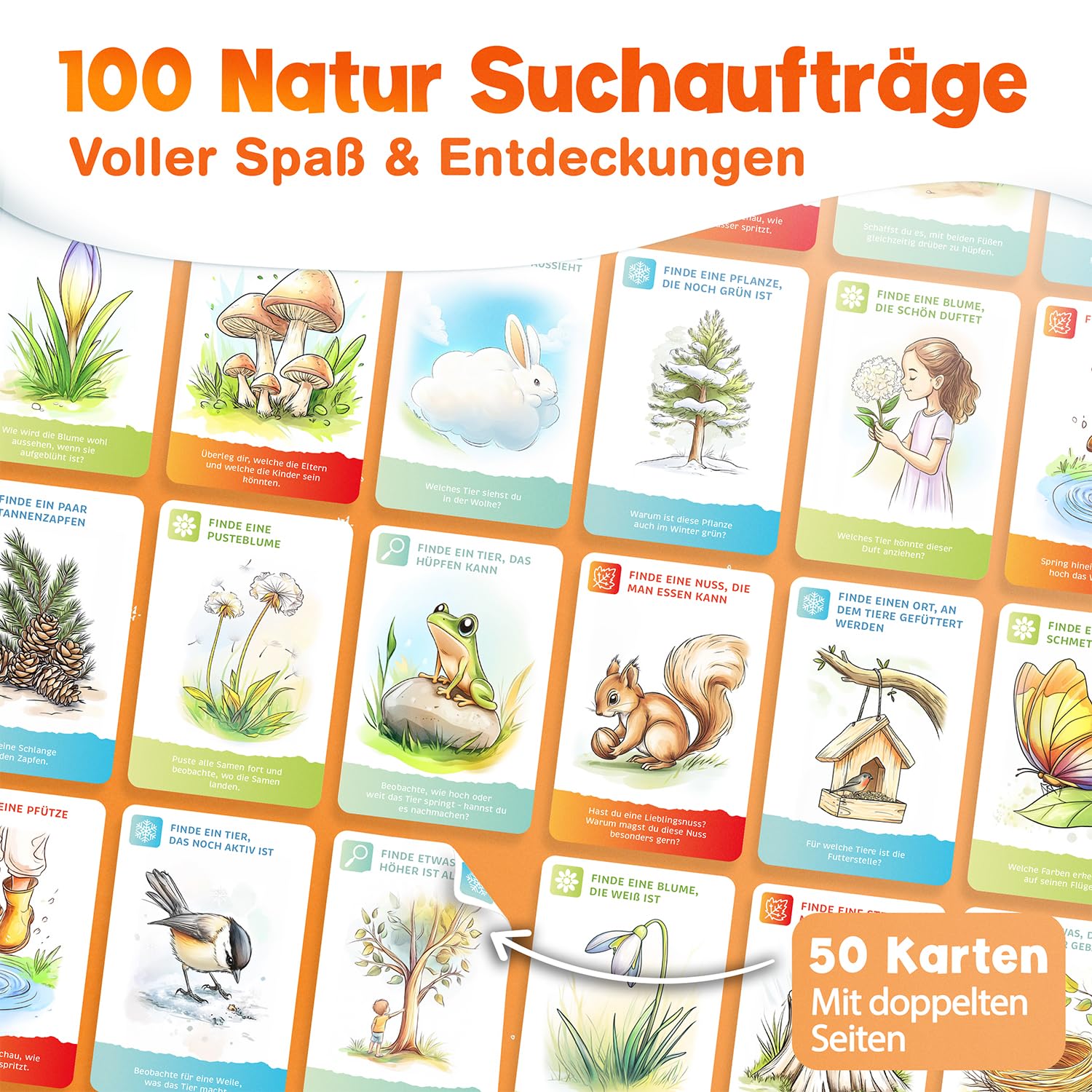 MUTKIND® 50x Entdeckerkarten für Kinder (ALLE 4 Jahreszeiten) - Spannendes Suchspiel zum Natur entdecken - 100 Aufgaben - Outdoor Spiele für Kinder - Geschenk Junge und Mädchen ab 4, 5, 6, 7, 8 Jahre - 3