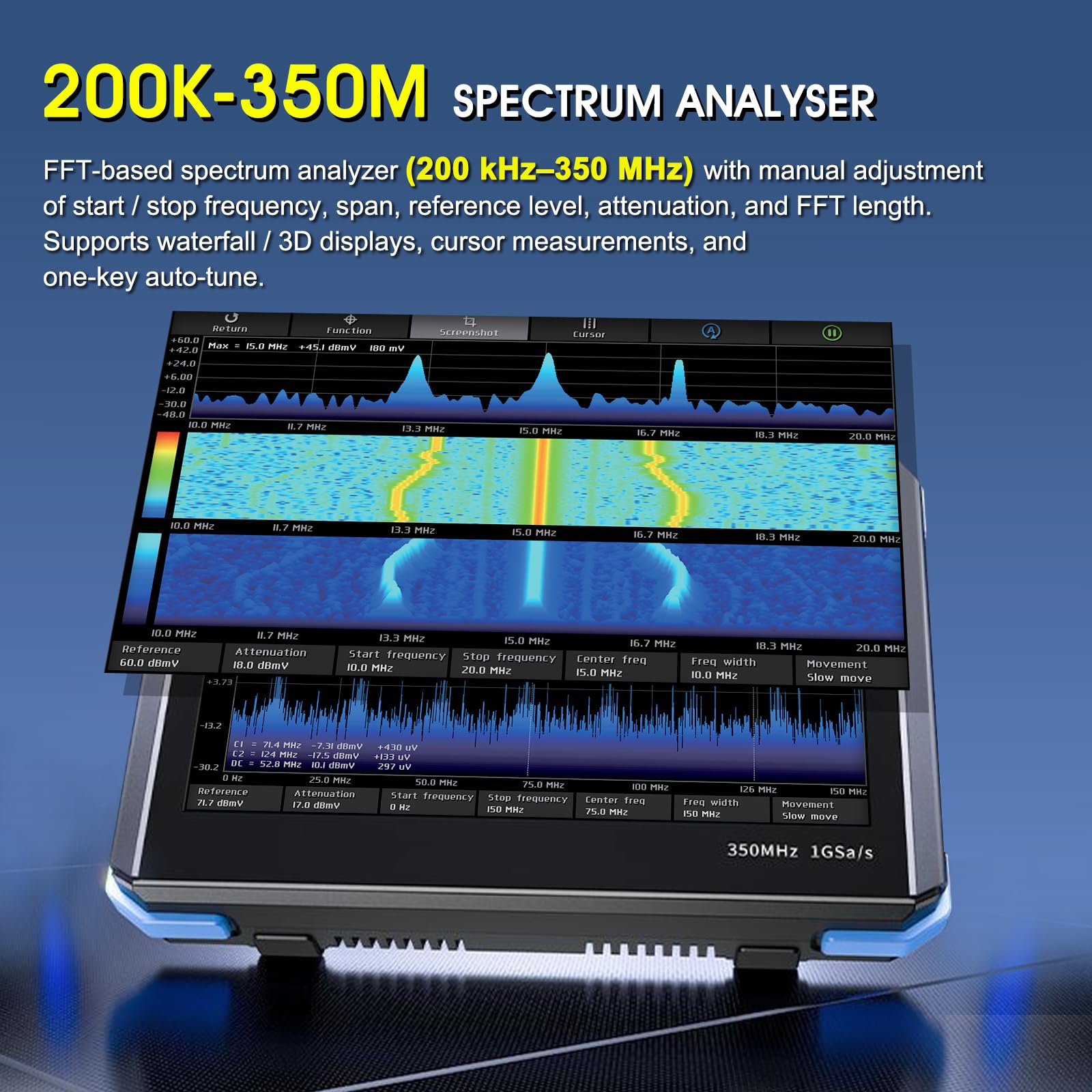 Oscyloskop 4 w 1, oscyloskopy 1 GSa/s Multimetr z przepustowością 350 MHz, przenośny generator sygnału, analizator spektrum 200K-350M, wyświetlacz TFT LCD
