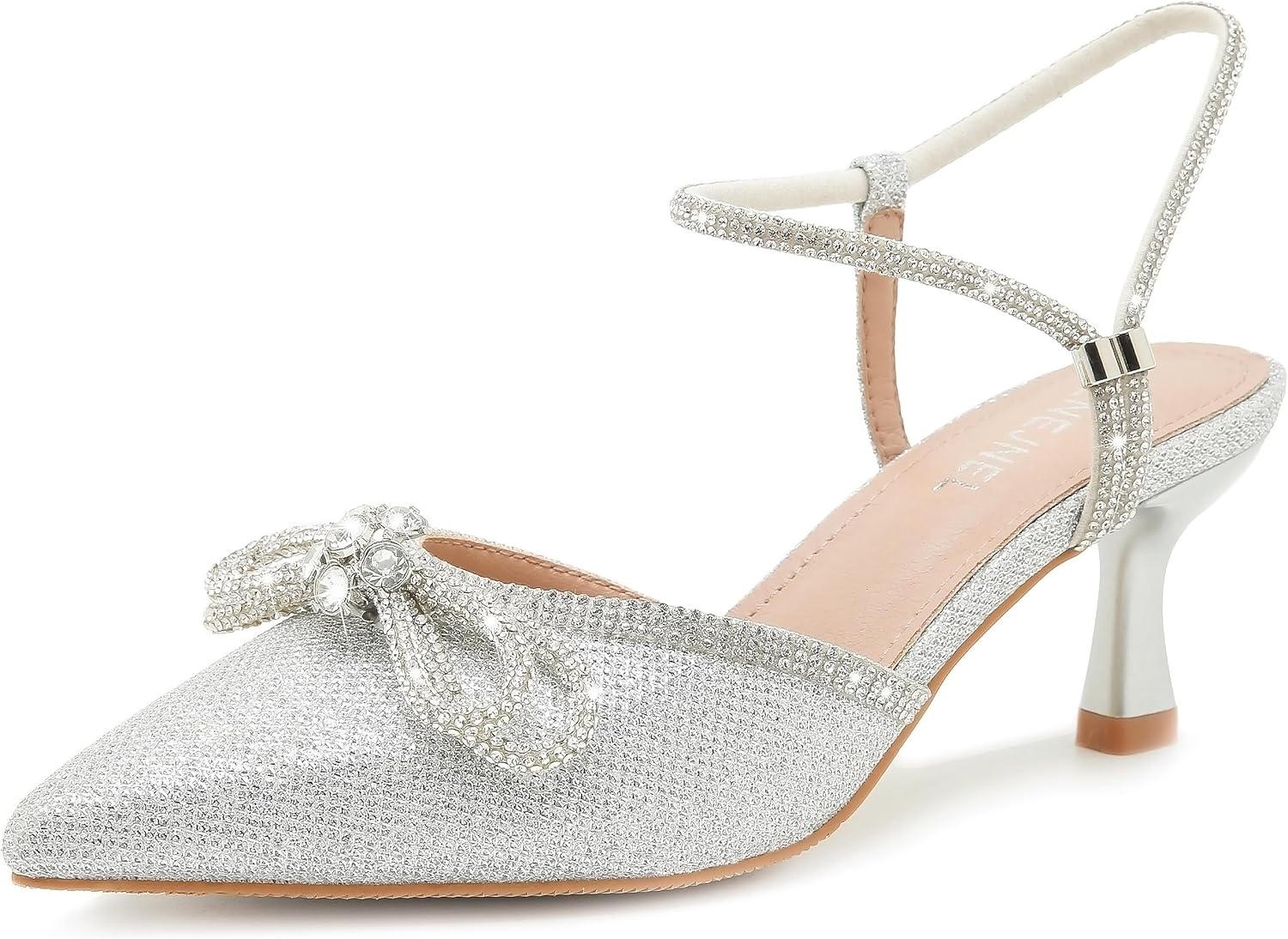 Womens Rhinestone Bow Heels, Slingback Low Kitten Heel Pumps Sparkly Closed Pointed Toe Ankle Strap Formal Evening Wedding Dress Party Shoes