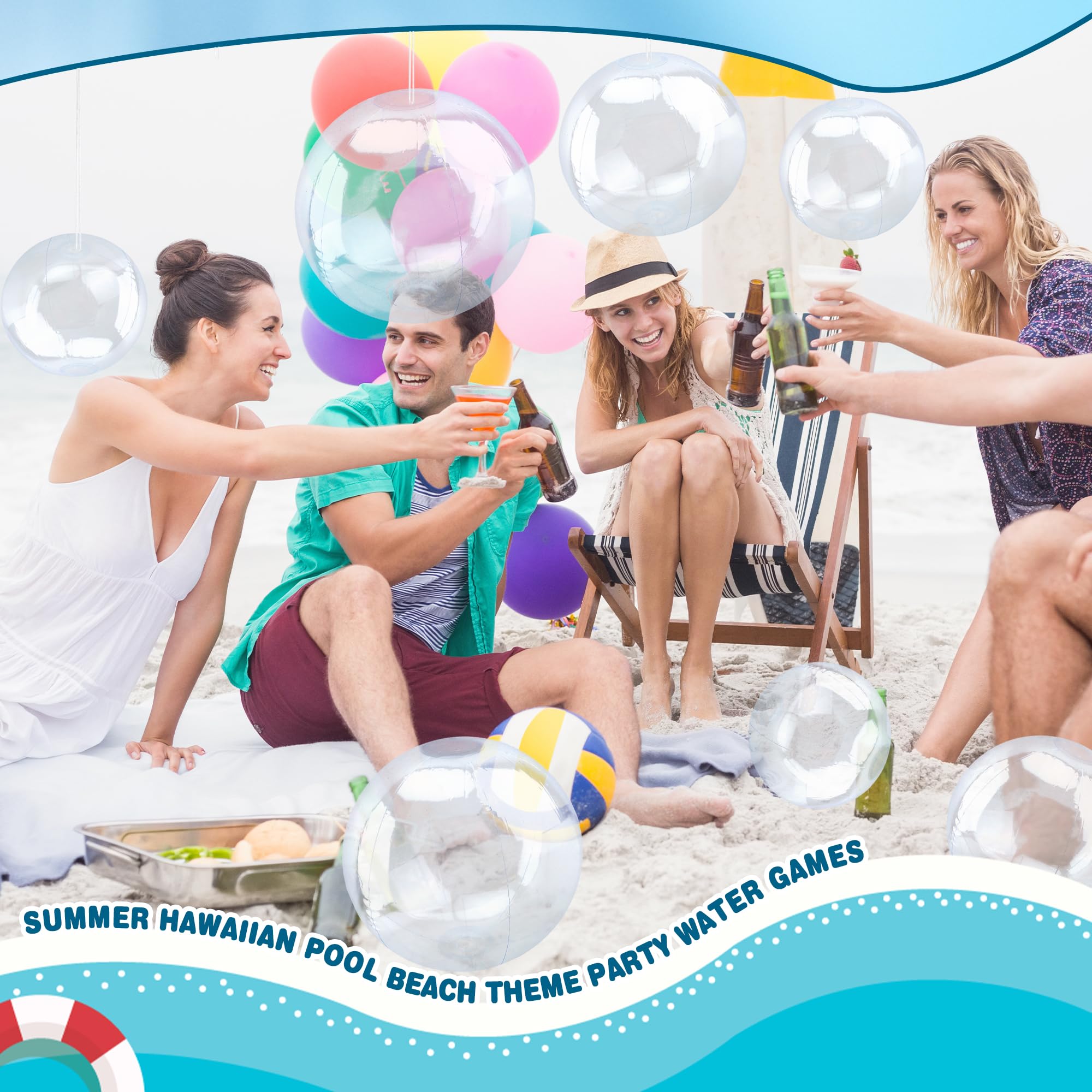 Paquete de 30 pelotas de playa inflables transparentes de 8 pulgadas, 12 pulgadas, 16 pulgadas, bolas de piscina transparentes a granel con cuerda para colgar para suministros de fiesta en la