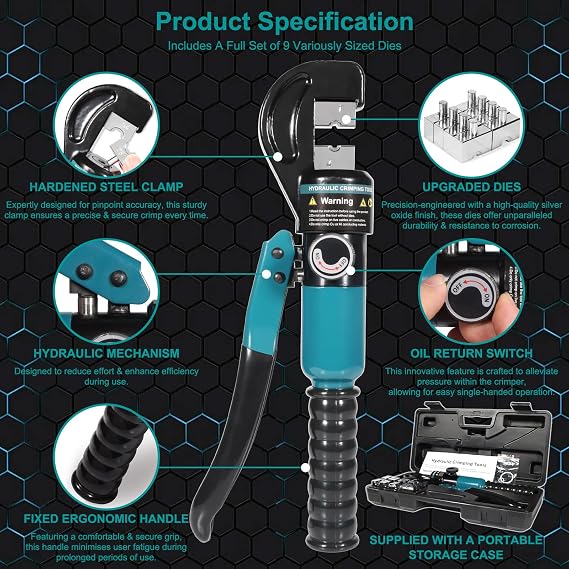 Hydraulic Crimping Tool Hydraulic Cable Lug Crimper with 9 Dies 4-70 mm² | Sturdy C-head for High Pressure & Frequent Use.Non-Slip Grip,Easy One-Hand Operation.Ideal for Wiring,Fencing & Rigging Work