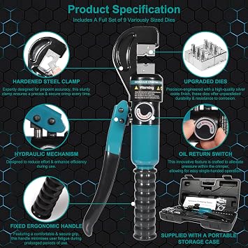 Hydraulic Crimping Tool Hydraulic Cable Lug Crimper with 9 Dies 4-70 mm² | Sturdy C-head for High Pressure & Frequent Use.Non-Slip Grip,Easy One-Hand Operation.Ideal for Wiring,Fencing & Rigging Work