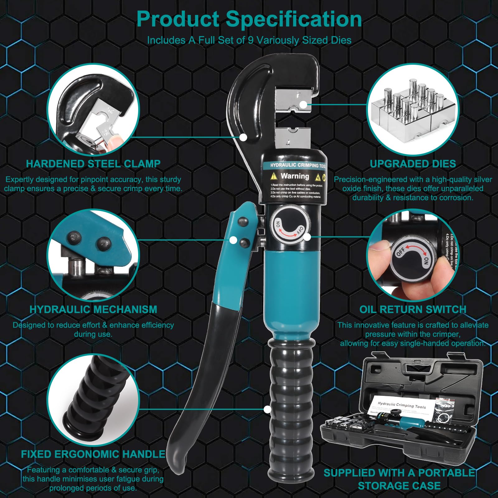 Lsoar Hydraulic Crimping Tool Hydraulic Cable Lug Crimper with 9 works of Dies 4-70 mm², Turquoise - Image 2