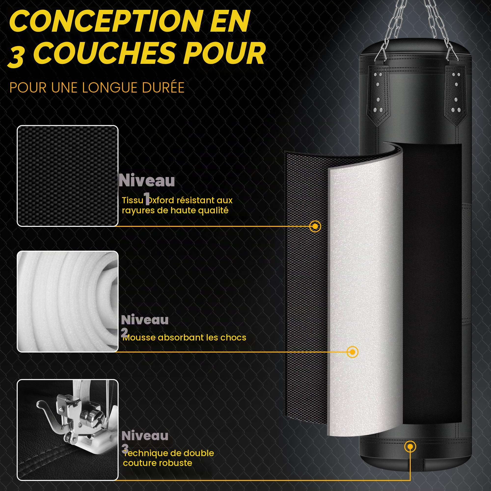 Sac de Frappe Oxford, 120 cm Lourd pour Adultes avec Gants de 12 oz pour MMA, Kickboxing, karaté, entraînement à Domicile (Non rempli), Noir, 120 cm