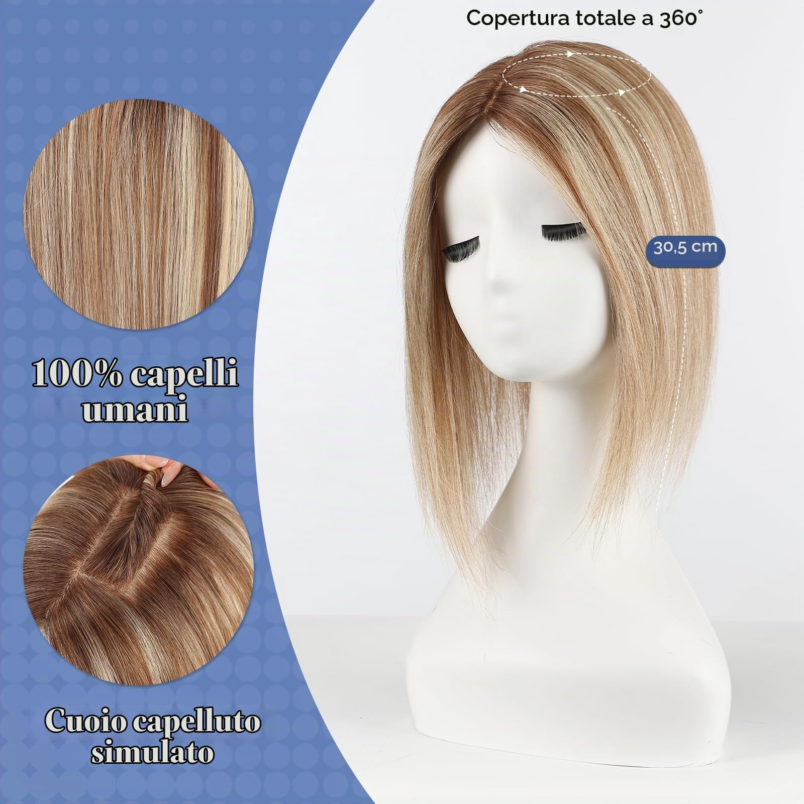 HAIRCUBE Topper per capelli umani da donna, veri capelli umani, senza frangia, 10,2 x 14 cm, base 30,5 cm, marrone con evidenziazione bionda per donne con radici diradate o grigie