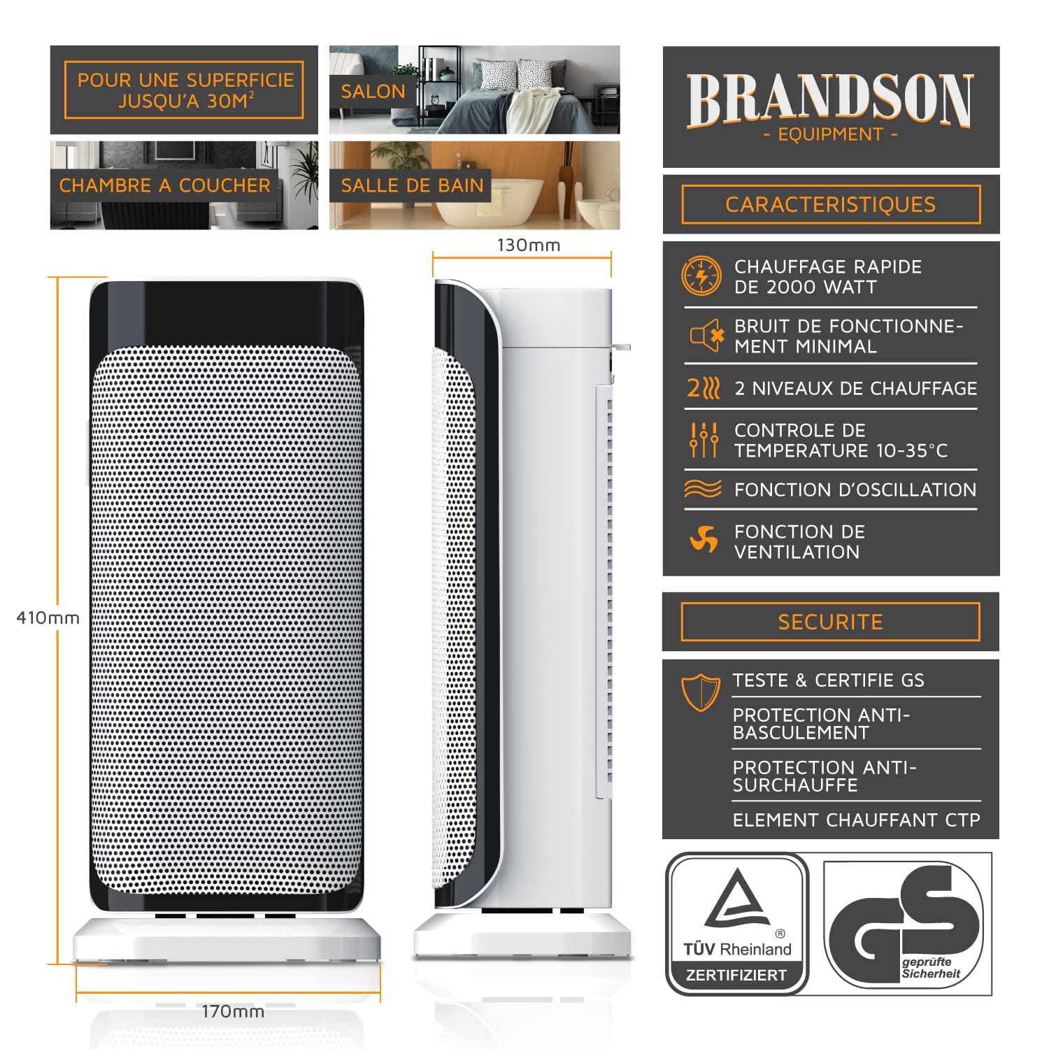 Brandson Chauffage soufflant avec télécommande en céramique pour Salle de Bain et Salle de Bain avec Fonction Oscillation, 2 Niveaux de Chauffage, minuteur et Chauffage - Certifié GS